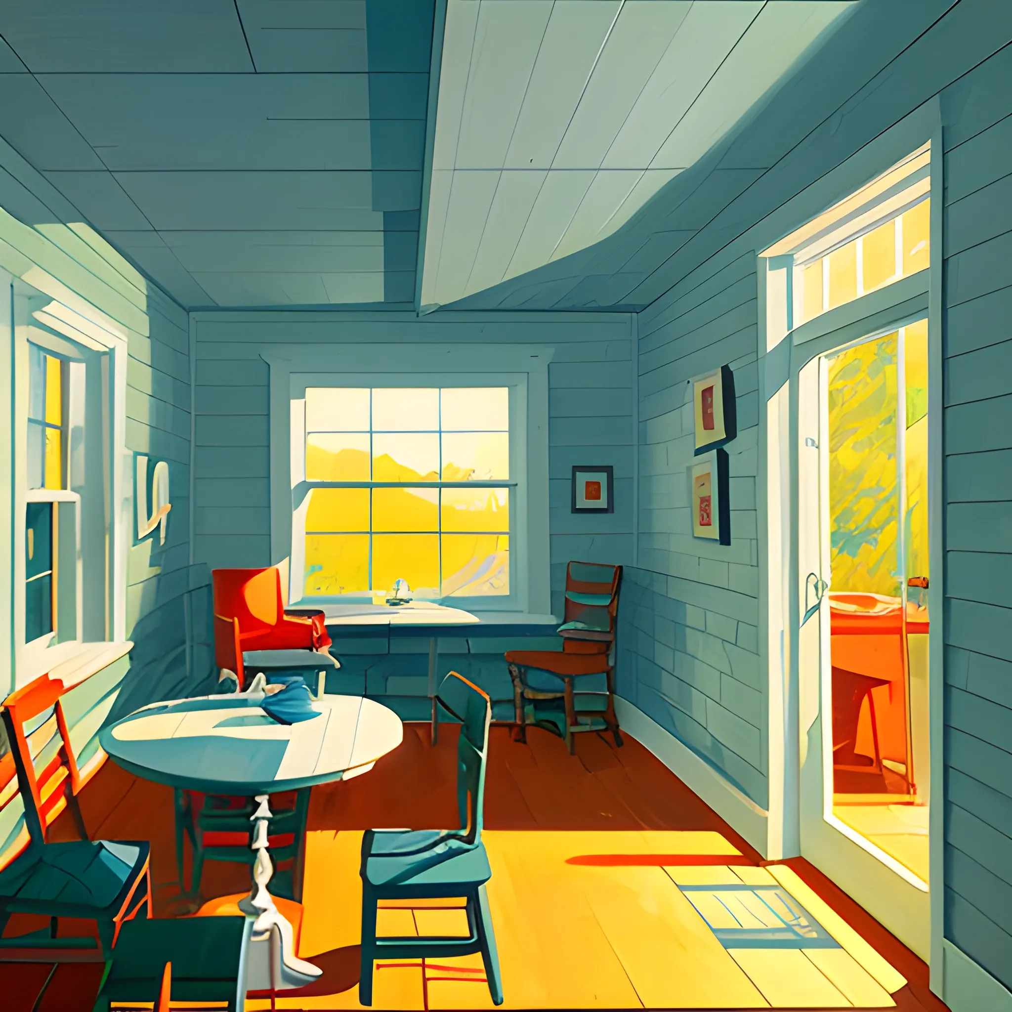 Interior shot of contemporary cottage, cottage core, very coherent, painted by Edward Hopper, painted by James Gilleard, airbrush,  art by JamesJean