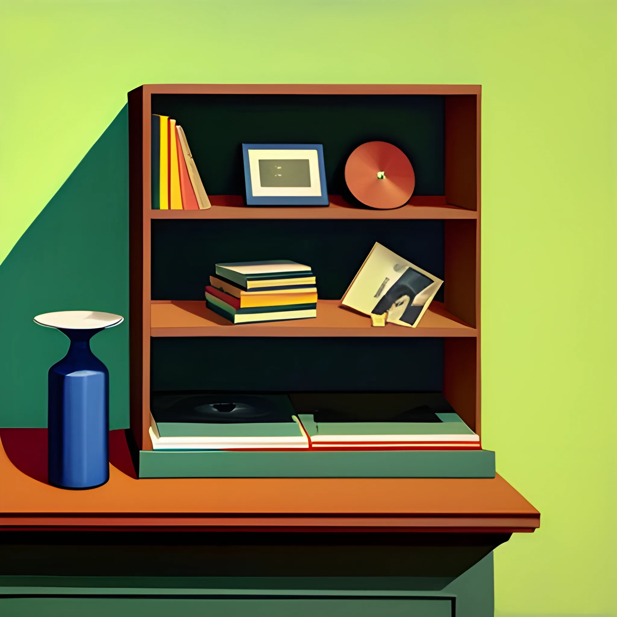 close up shot of book shelf in contemporary home, books, trinkets, records, plants, still life, very coherent, painted by Edward Hopper, painted by James Gilleard, painted by nicolas party, acrylic painting