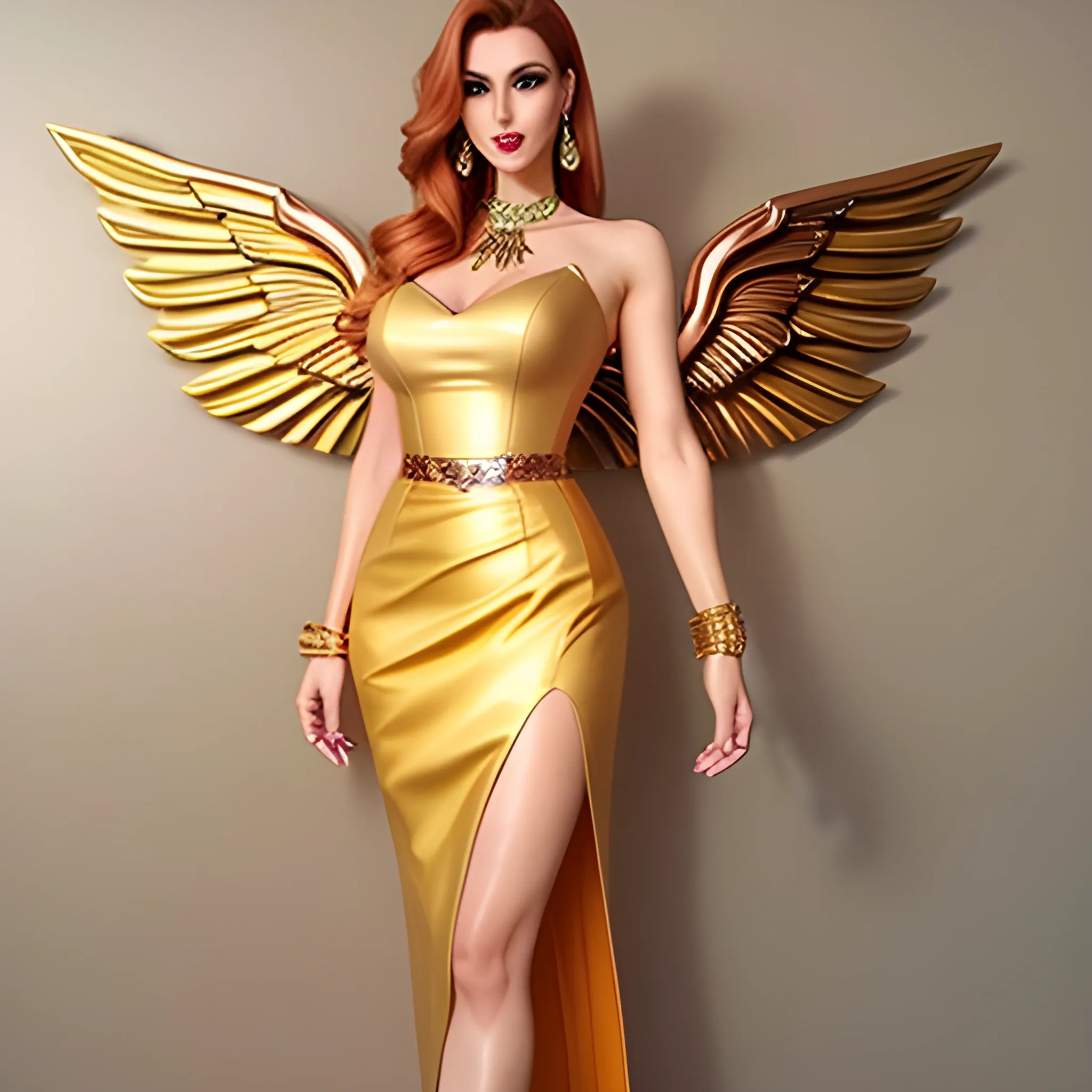 Beautiful girl, pretty face, realistic face, long hair, rose gold hair , yellow dress,  high heels,legs, jewelry, long earrings, yellow skirt, golden wings, kissing