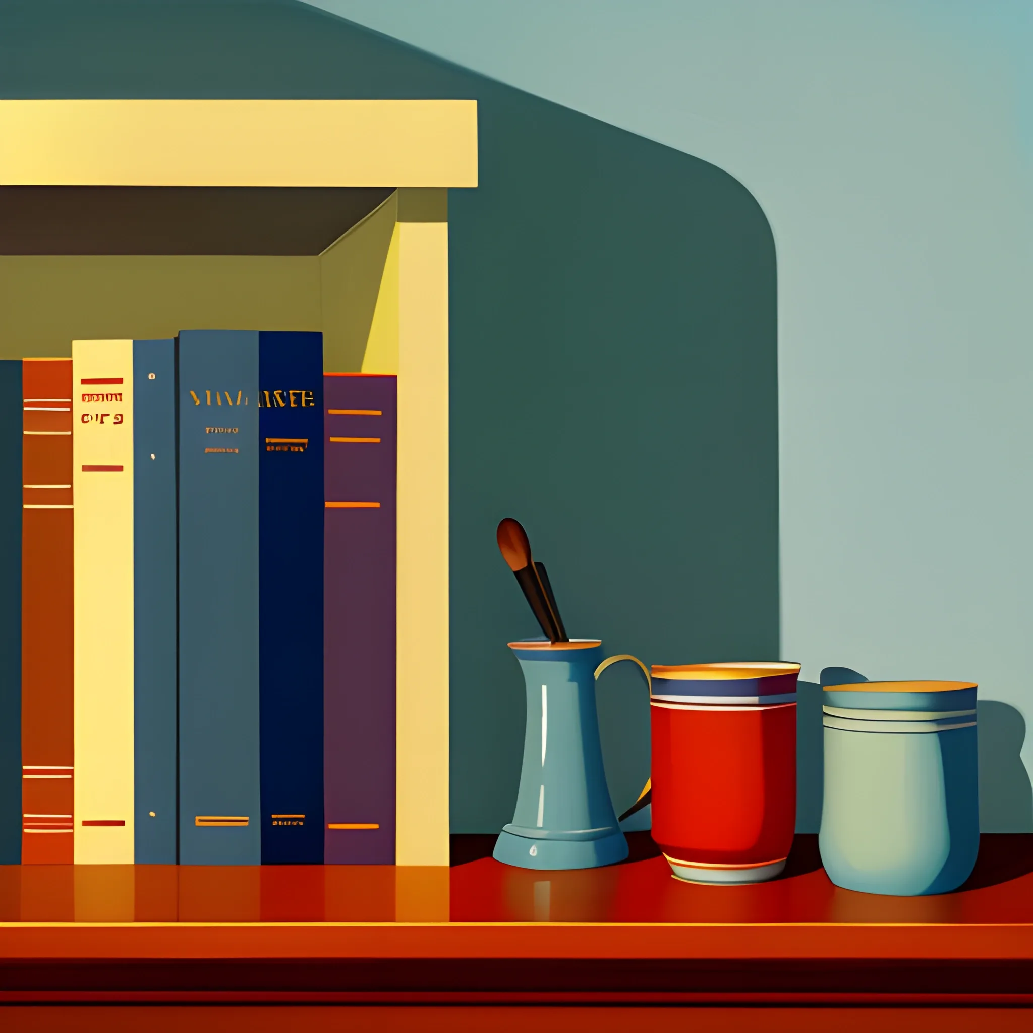 close up shot of shelf in nautical theme cottage, books, still life, very coherent, painted by Edward Hopper, painted by James Gilleard, painted by nicolas party, acrylic painting