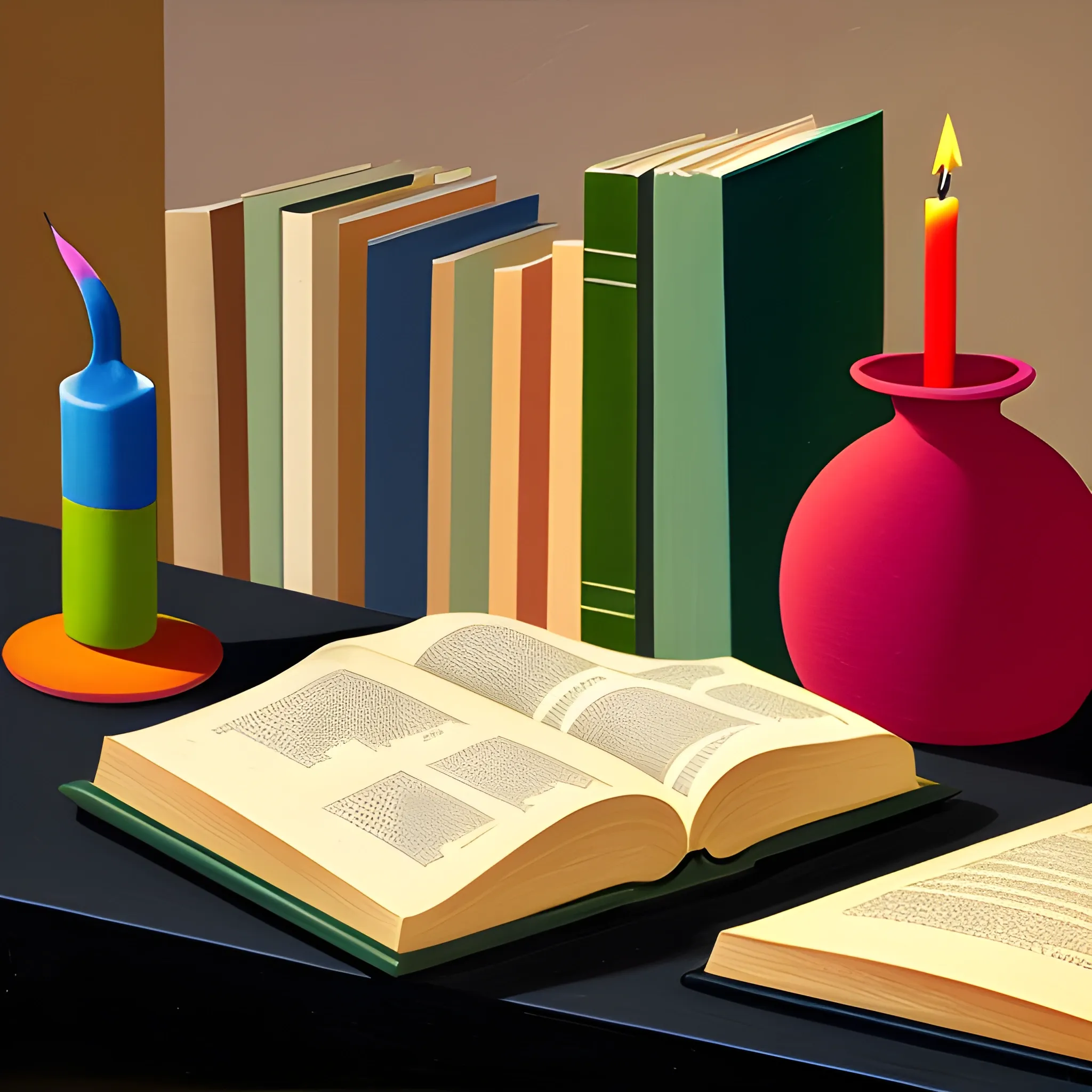 close up shot of items on a table, books, taper candles, still life, very coherent, painted by nicolas party, acrylic painting