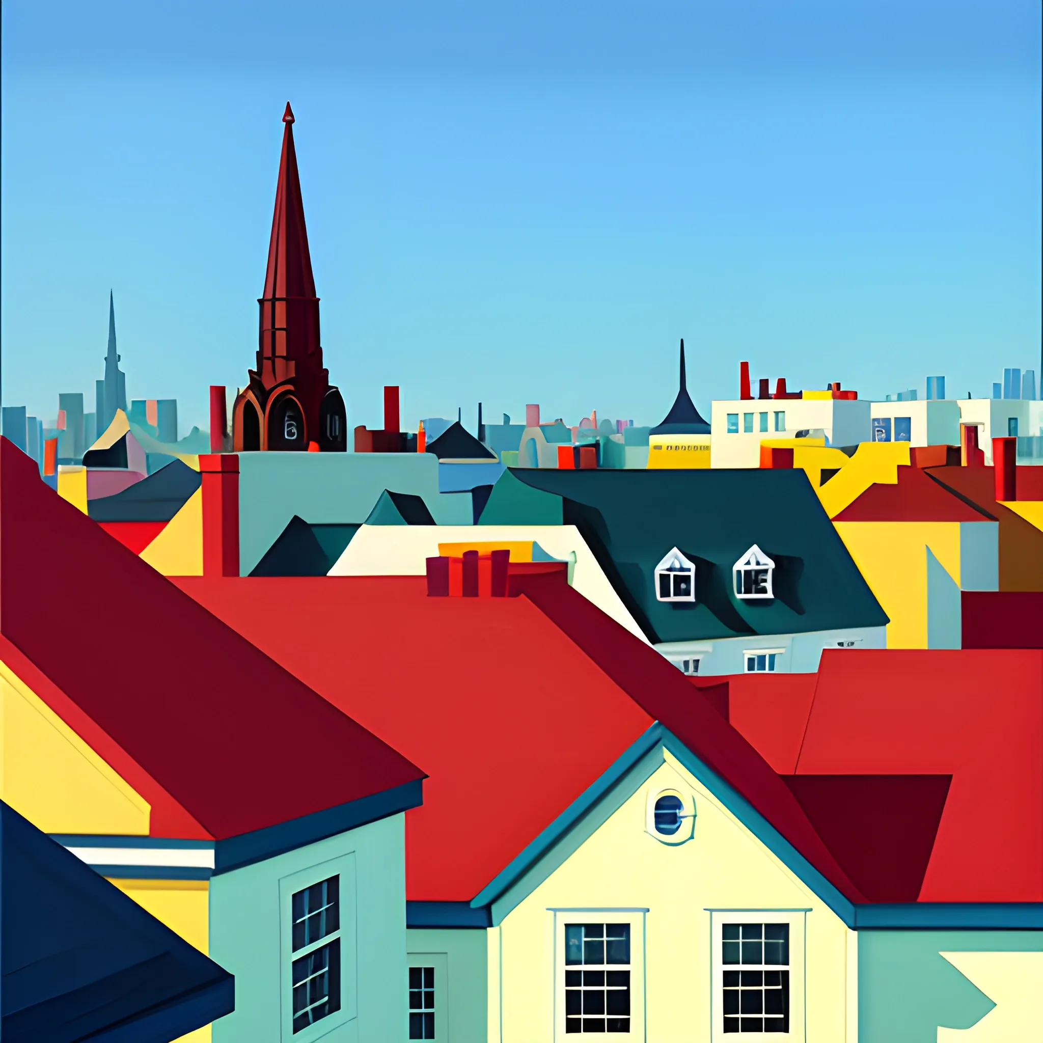 close up of rooftops in neighborhood, small town, painted by Edward Hopper, painted by James Gilleard, painted by nicolas party, acrylic painting