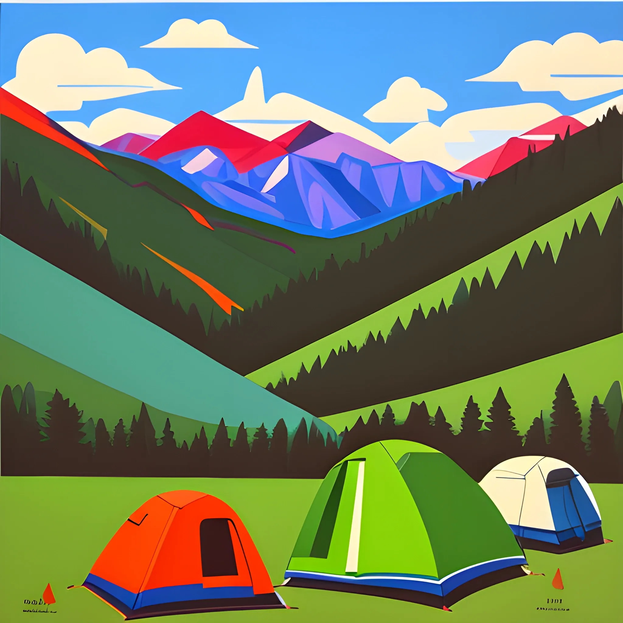 camping in the mountains, painted by nicolas party, acrylic painting