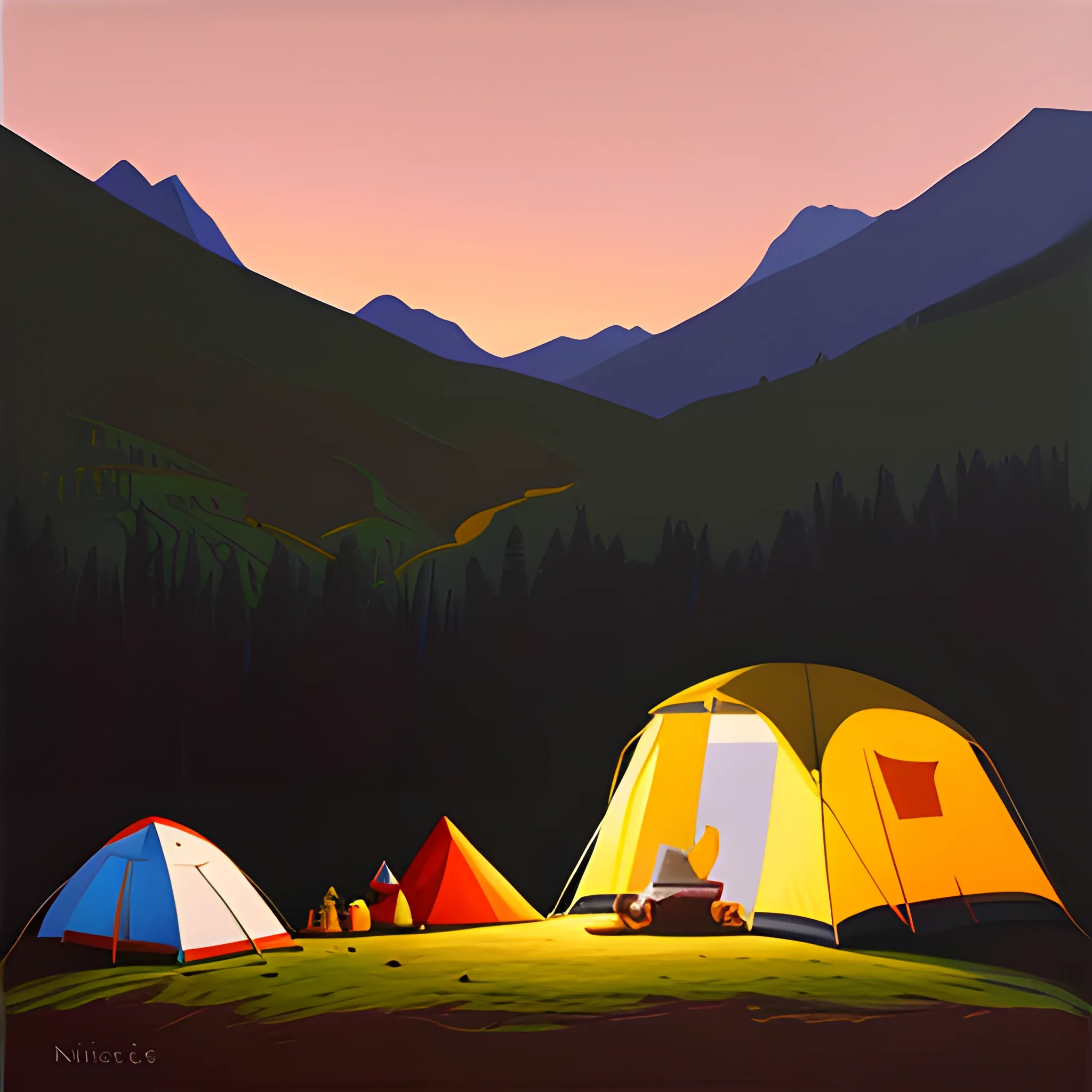 camping in the mountains, evening, chiaroscuro, painted by nicolas party, acrylic painting