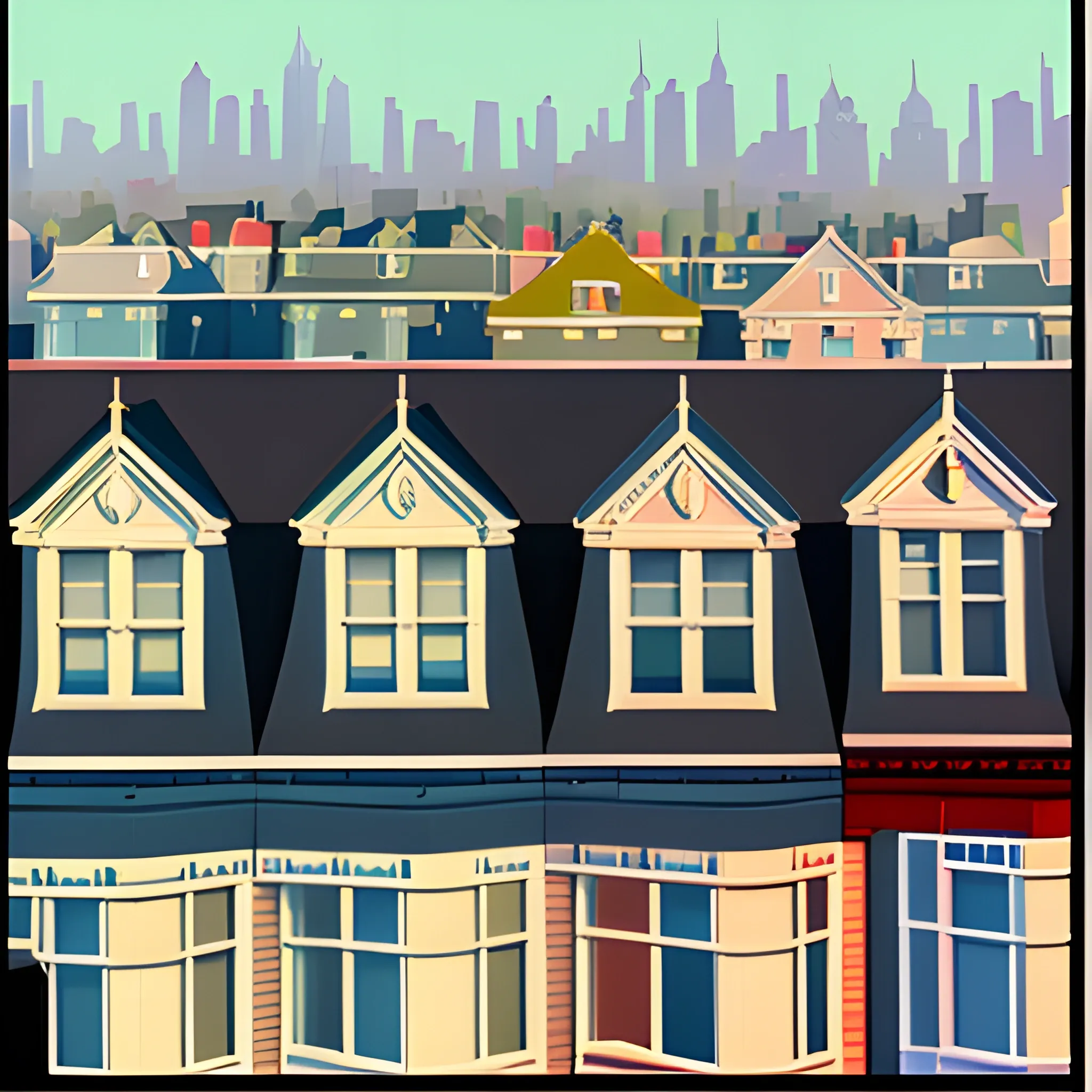 close up of rooftops of painted ladies inspired neighbourhood, painted by Edward Hopper, painted by James Gilleard, painted by nicolas party, acrylic painting