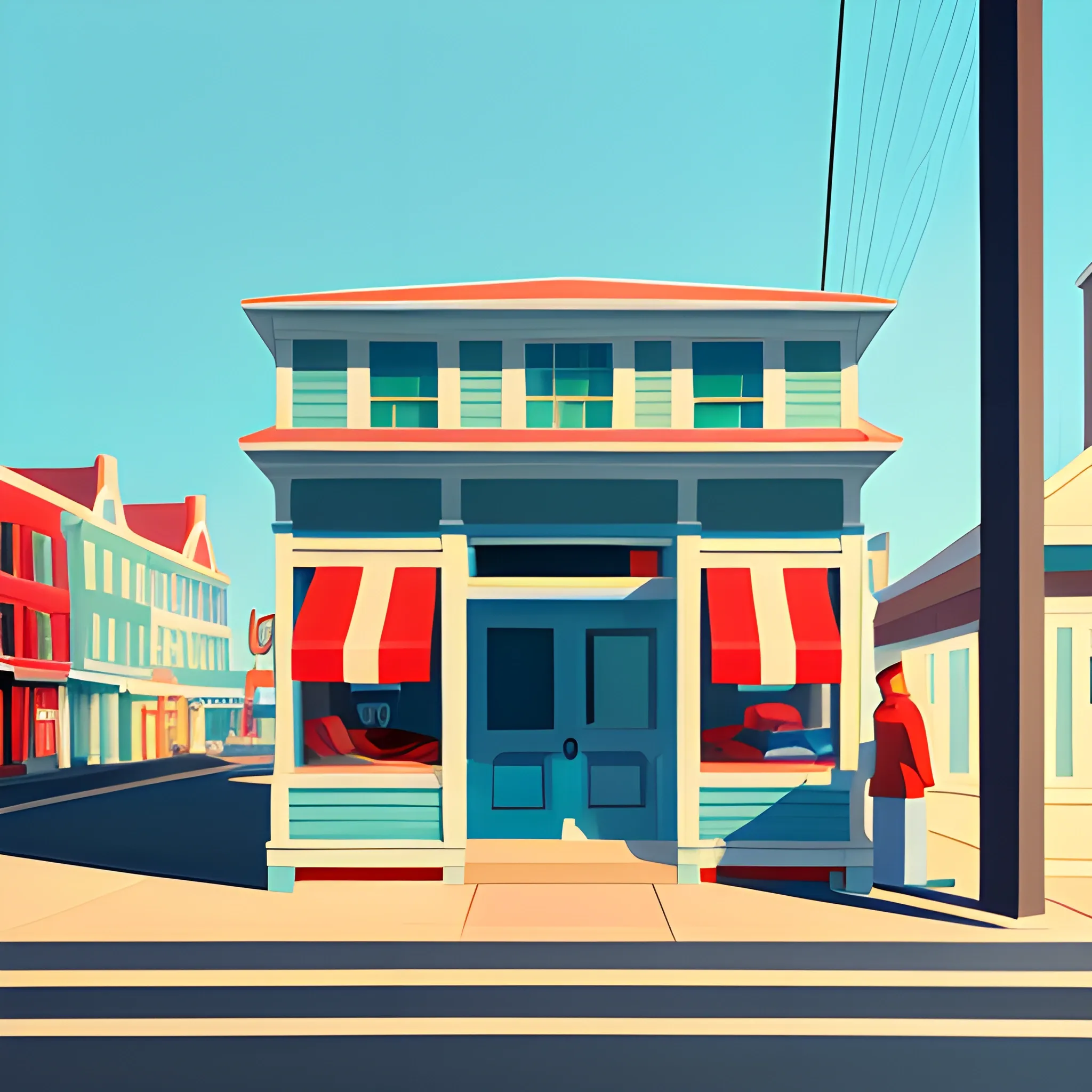 nautical town, main street, simple store front, painted by Edward Hopper, painted by James Gilleard, painted by nicolas party, acrylic painting