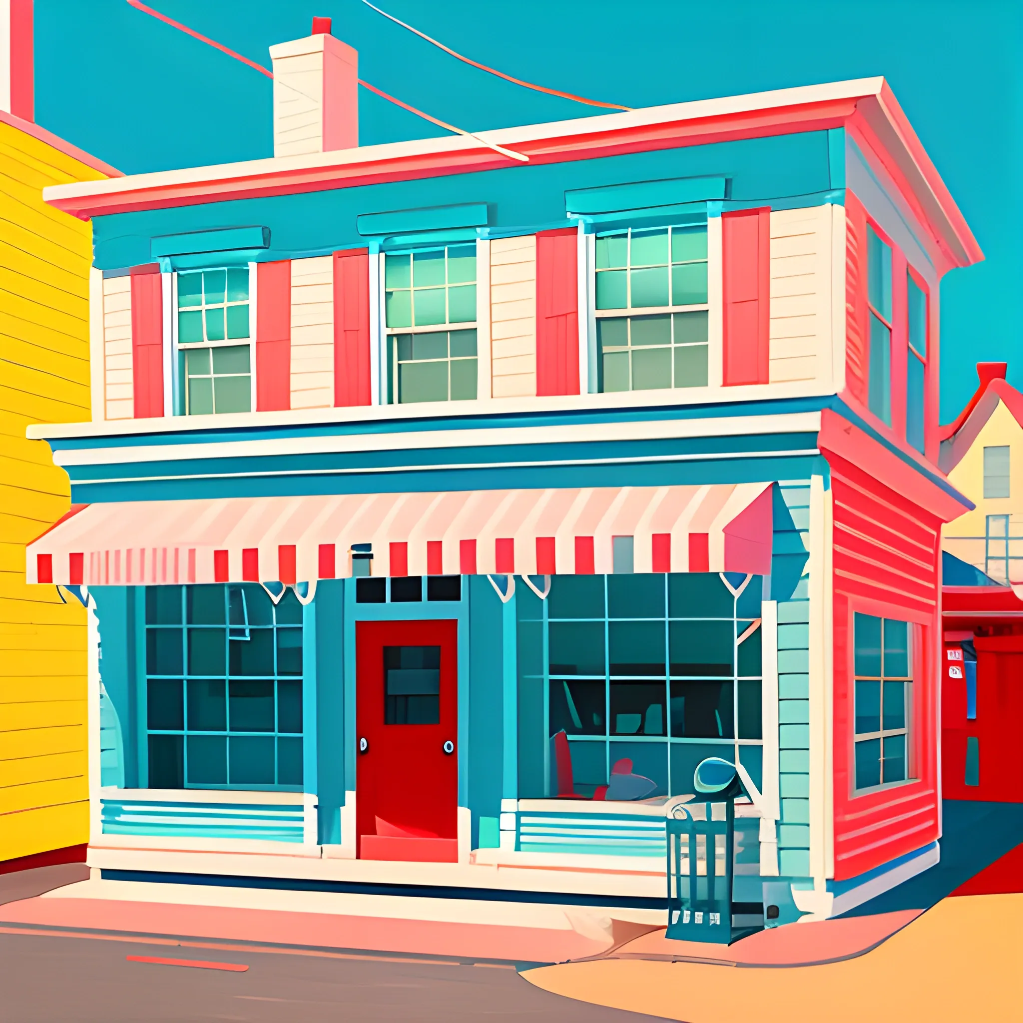 nautical, sleepy sea side town, main street, simple store front, painted by Edward Hopper, painted by James Gilleard, painted by nicolas party, acrylic painting