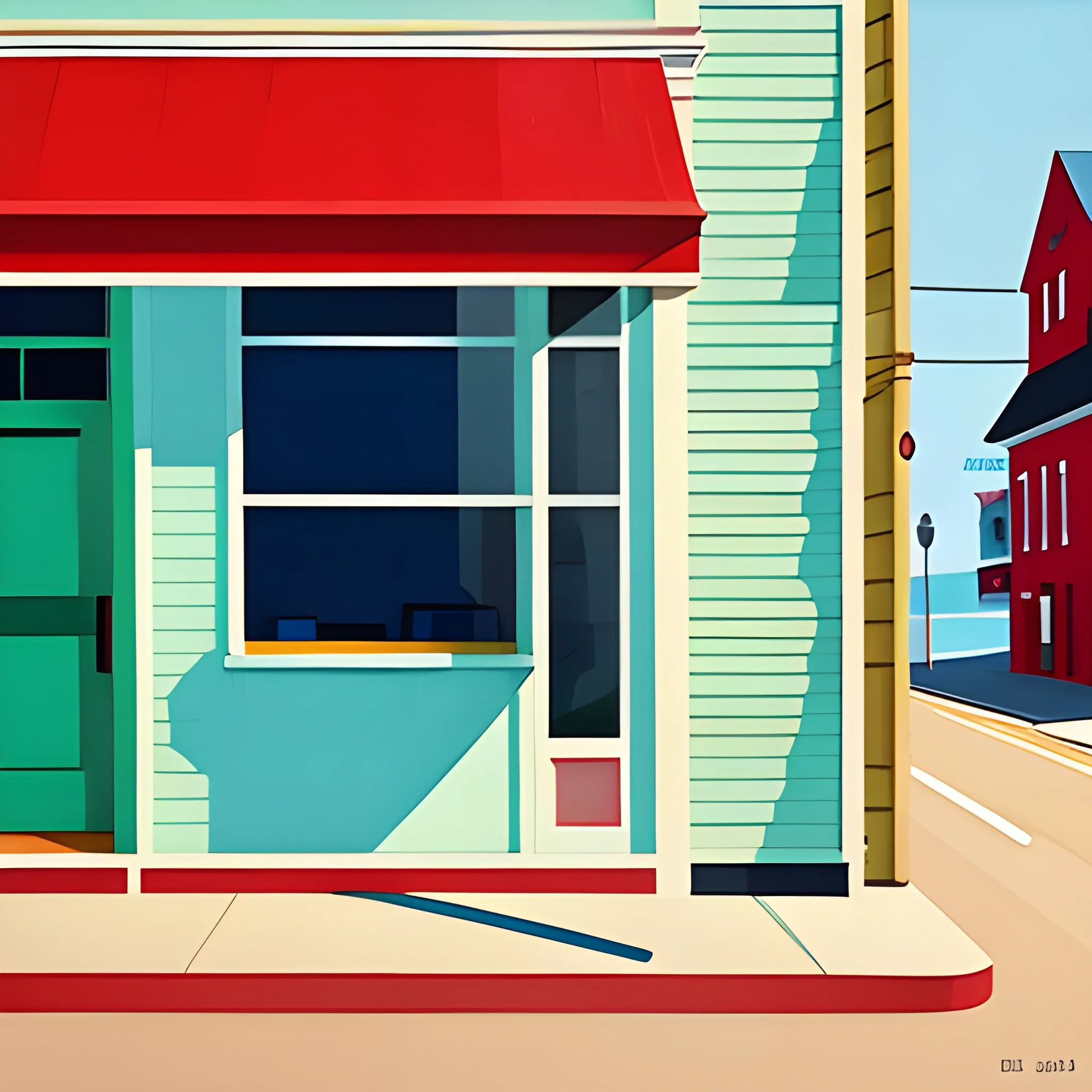 sea side town, main street, simple store front, painted by Edward Hopper, painted by James Gilleard, painted by nicolas party, acrylic painting