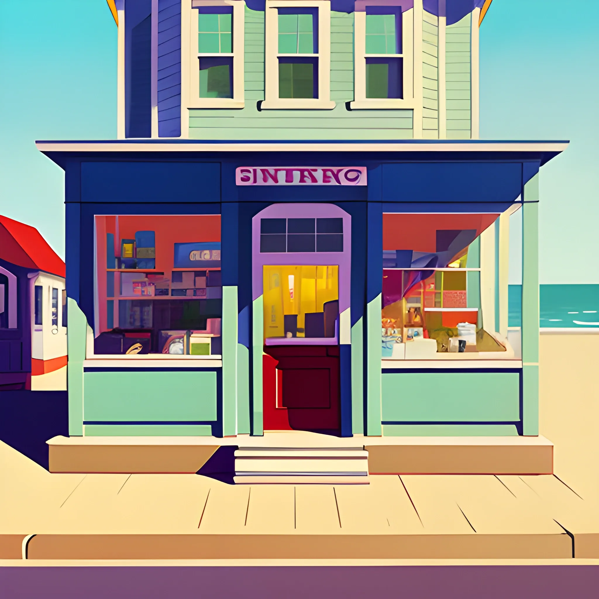 cute sea side town, main street, simple store front, painted by Edward Hopper, painted by James Gilleard, painted by molly margaret, acrylic painting