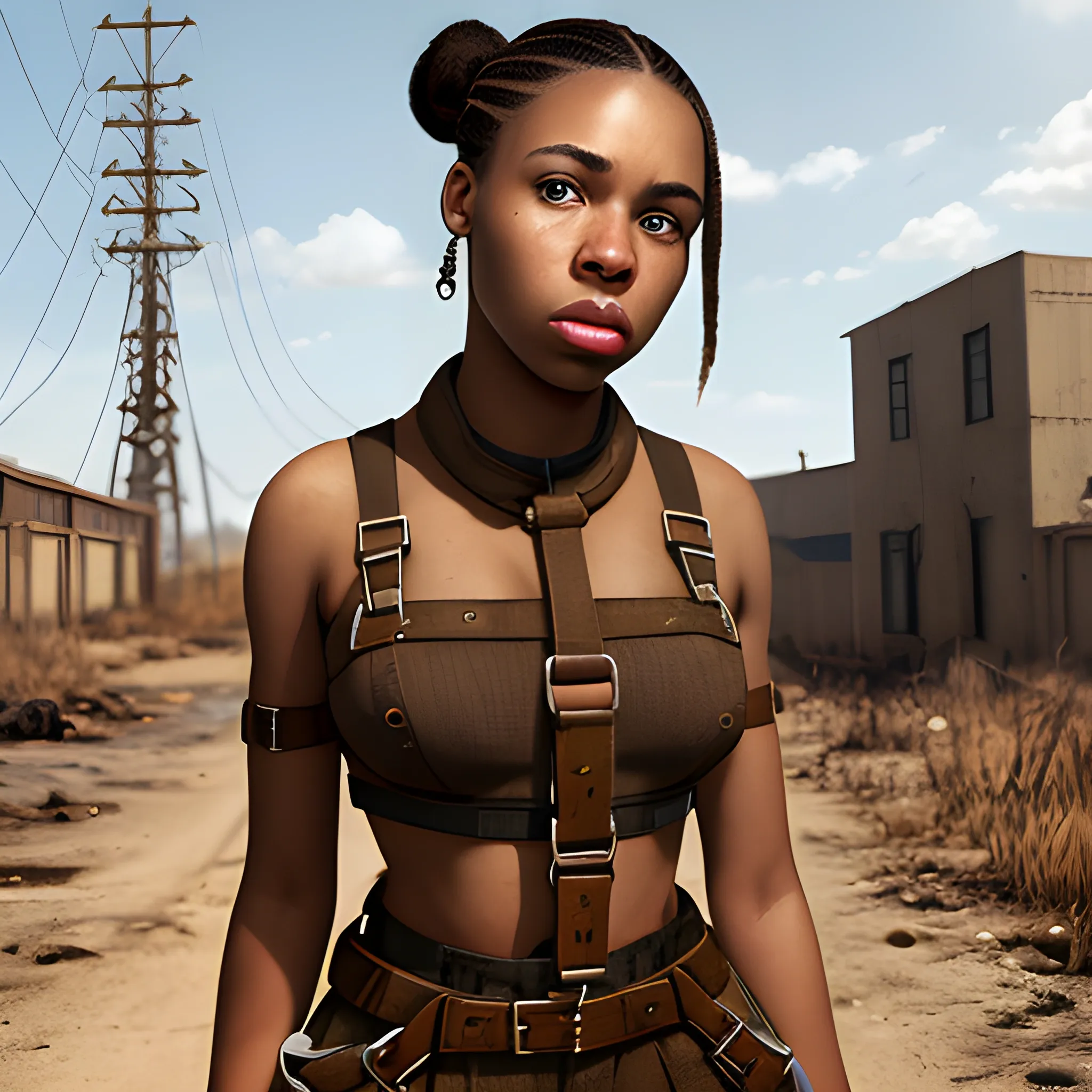 In the style of fallout 1, (masterpiece), (portrait photography), (portrait of 20 years old African-American female), no makeup, flat chested, harness outfit made out of straps, ponytail, brown hair, brown eyes