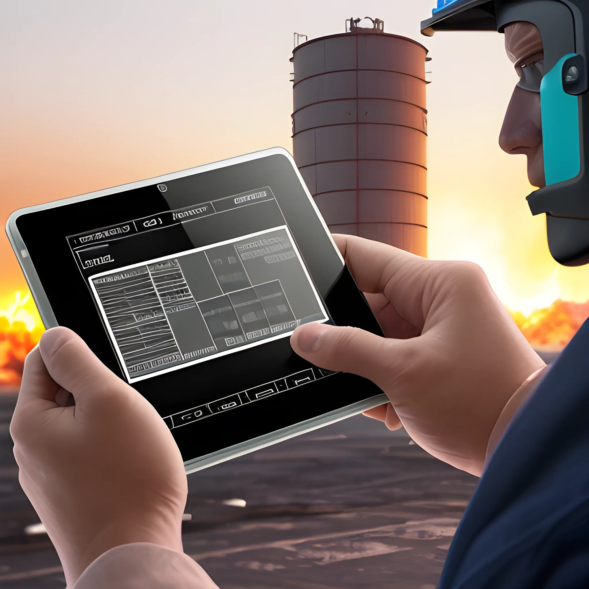 An image of a technologically advanced and intrinsically safe device such as an Intrinsically Safe Tablet in operation at an Oil and Gas plant, specifically in a high-risk explosion environment, highlighting its modern and advanced design.

