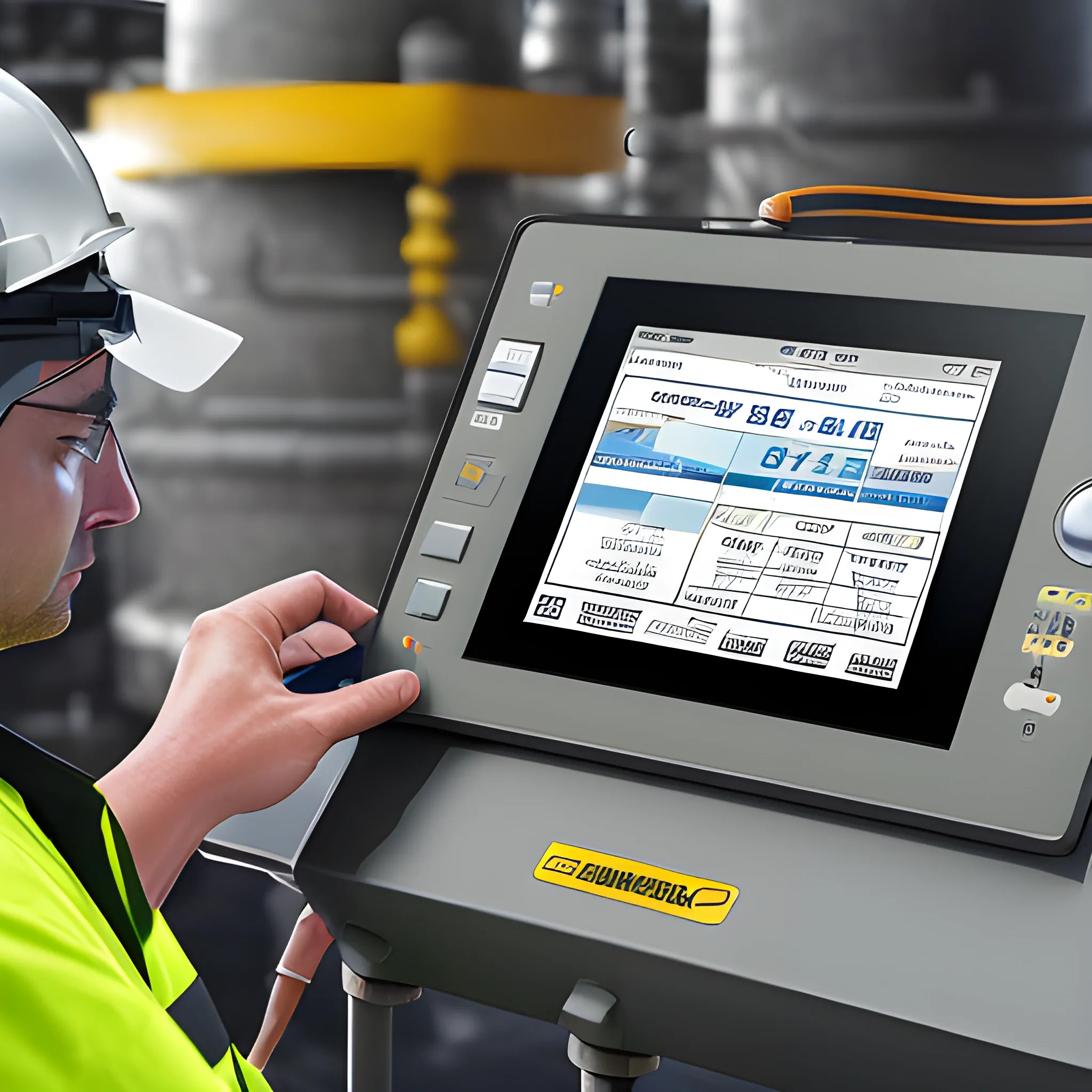 An image of a technologically advanced and intrinsically safe device such as an Intrinsically Safe Tablet in operation at an Oil and Gas plant, highlighting its modern and advanced design.

