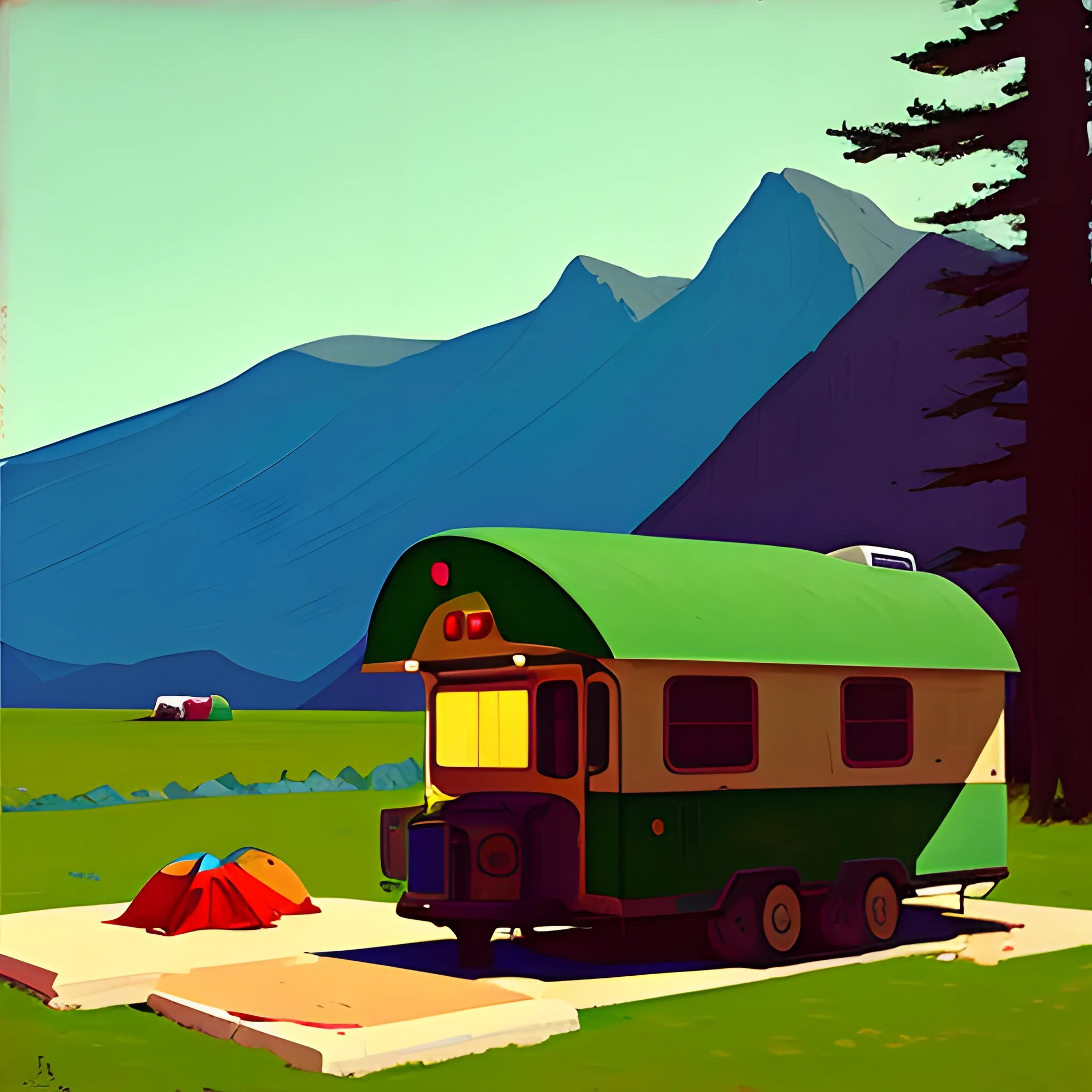 camp site in the mountains, empty, very coherent, painted by Edward Hopper, painted by James Gilleard, film camera