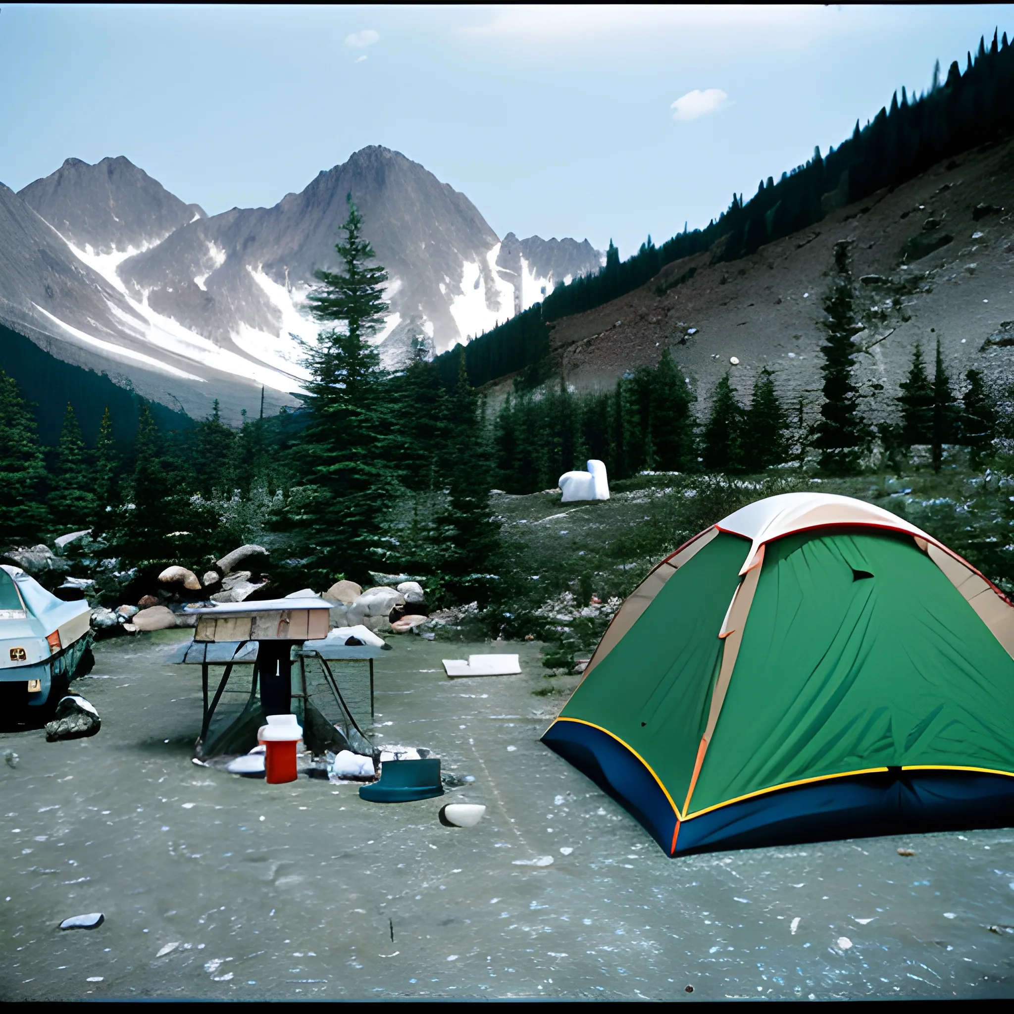 camp site in the mountains, empty, very coherent, film camera photo