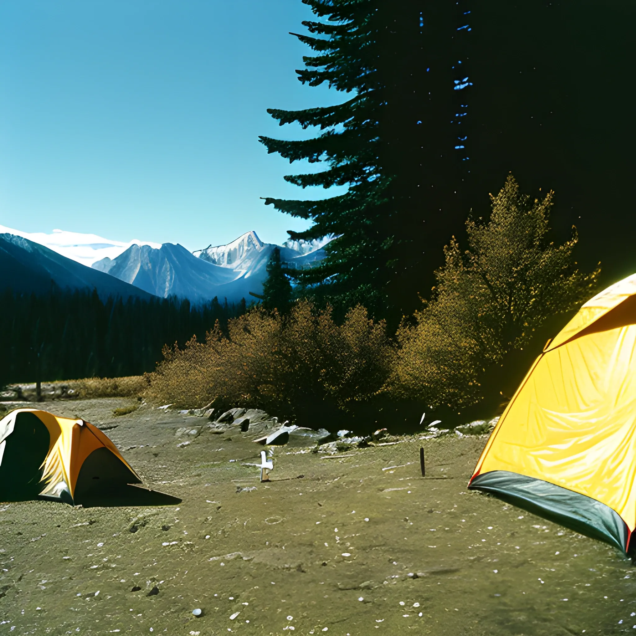 camp site in the mountains, empty, very coherent, film camera photo, kodak gold