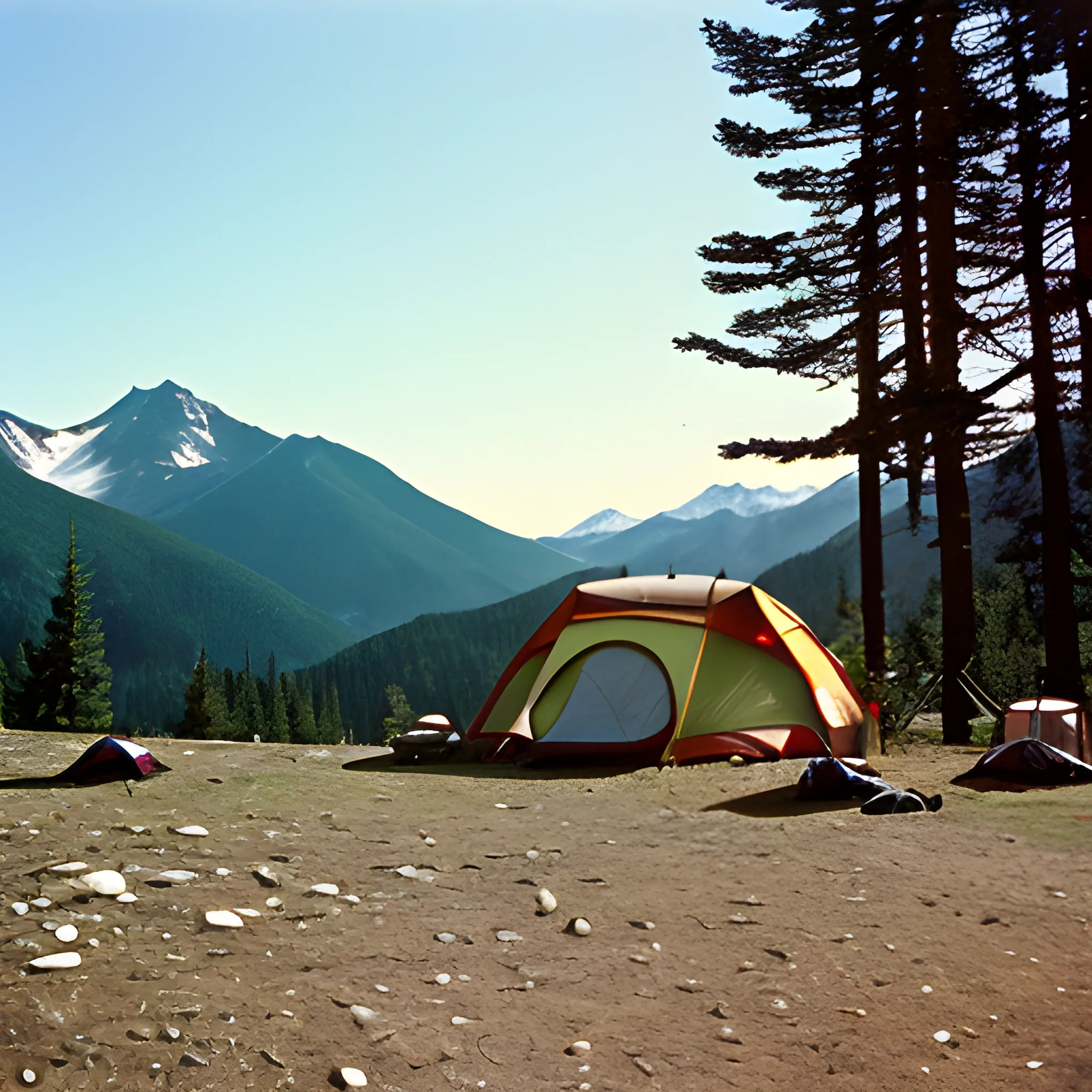 camp site in the mountains, very coherent, film camera photo, kodak gold