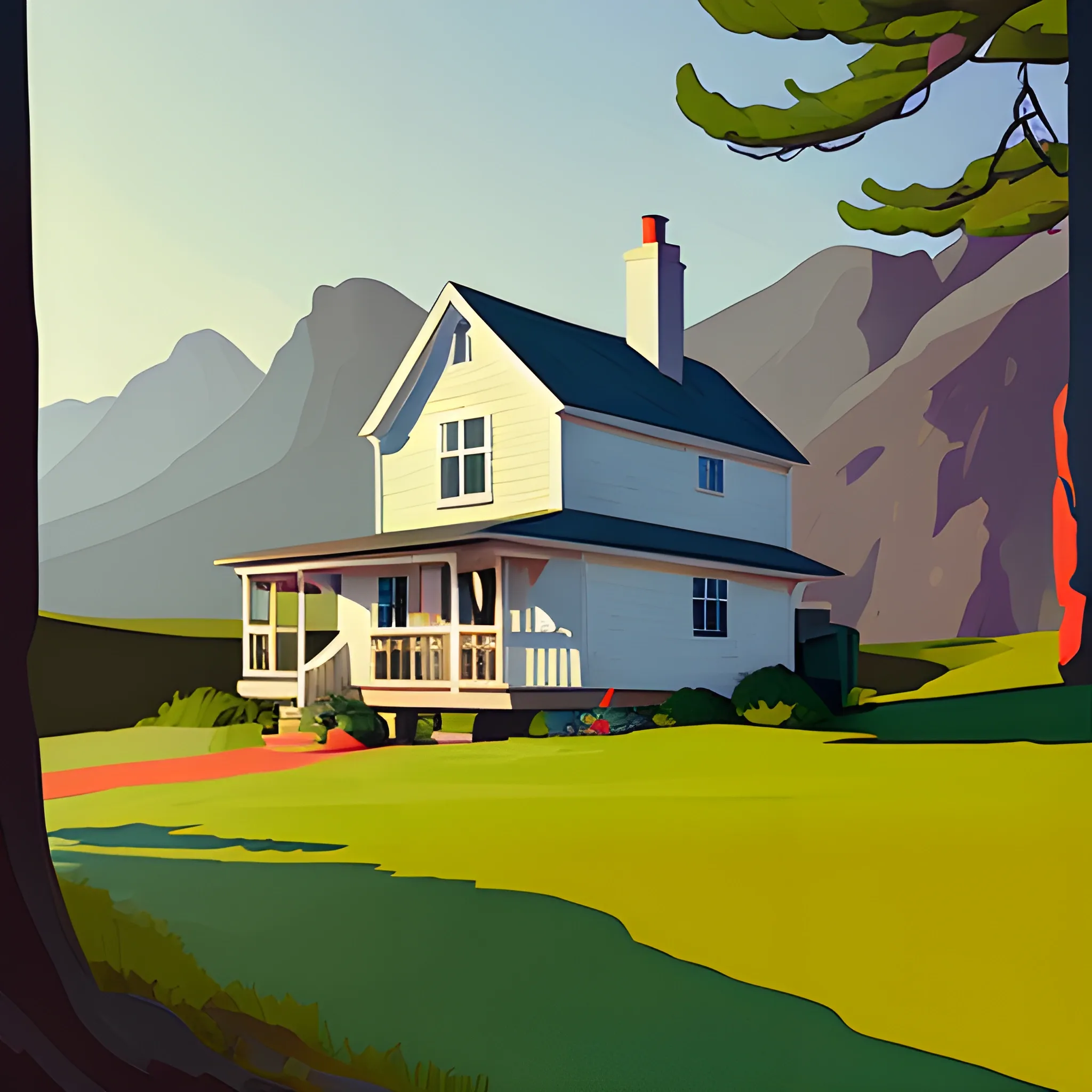 quaint cottage in mountain range, cottage core, very coherent, painted by Edward Hopper, painted by James Gilleard
