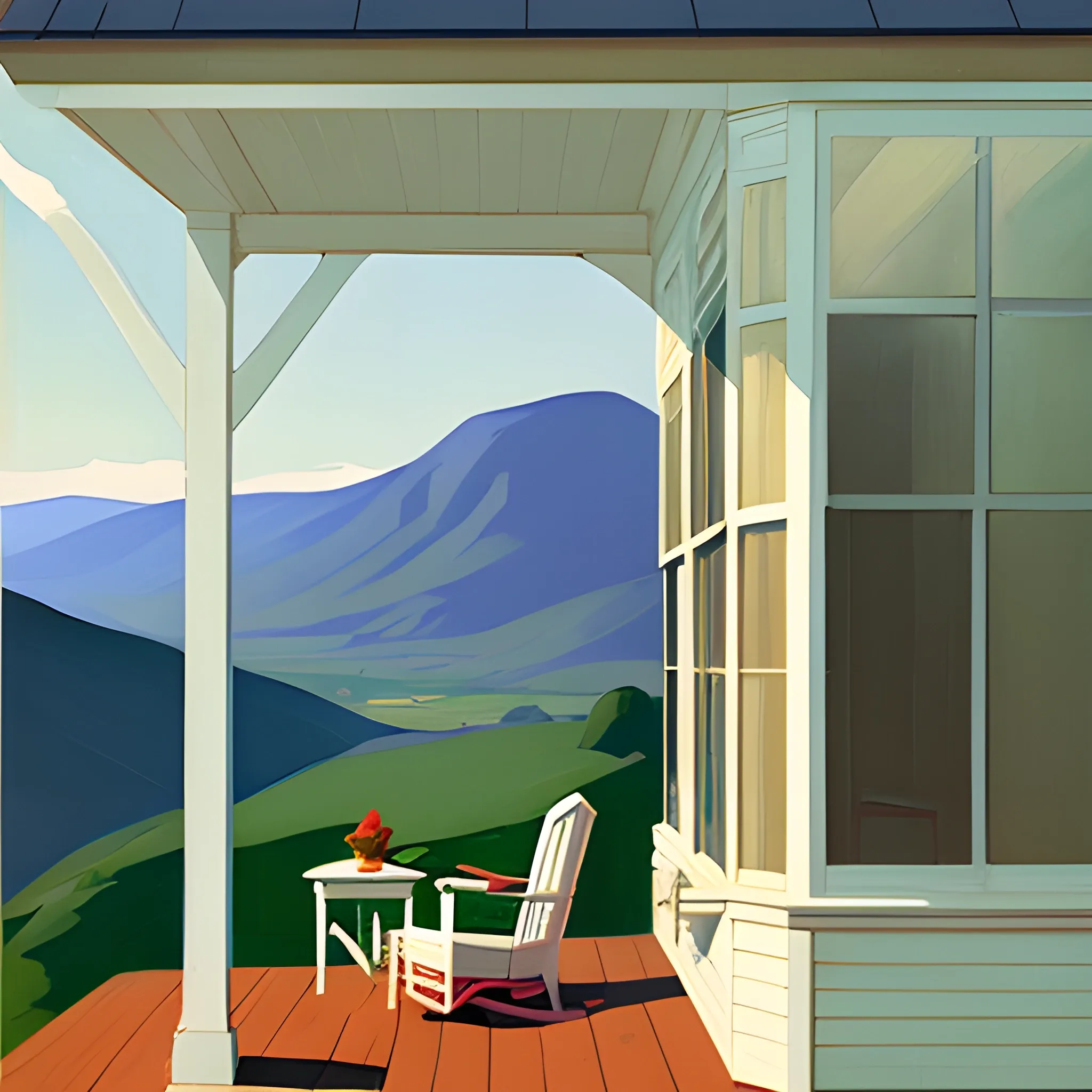 view of cottage porch in mountain range, cottage core, very coherent, painted by Edward Hopper, painted by James Gilleard
