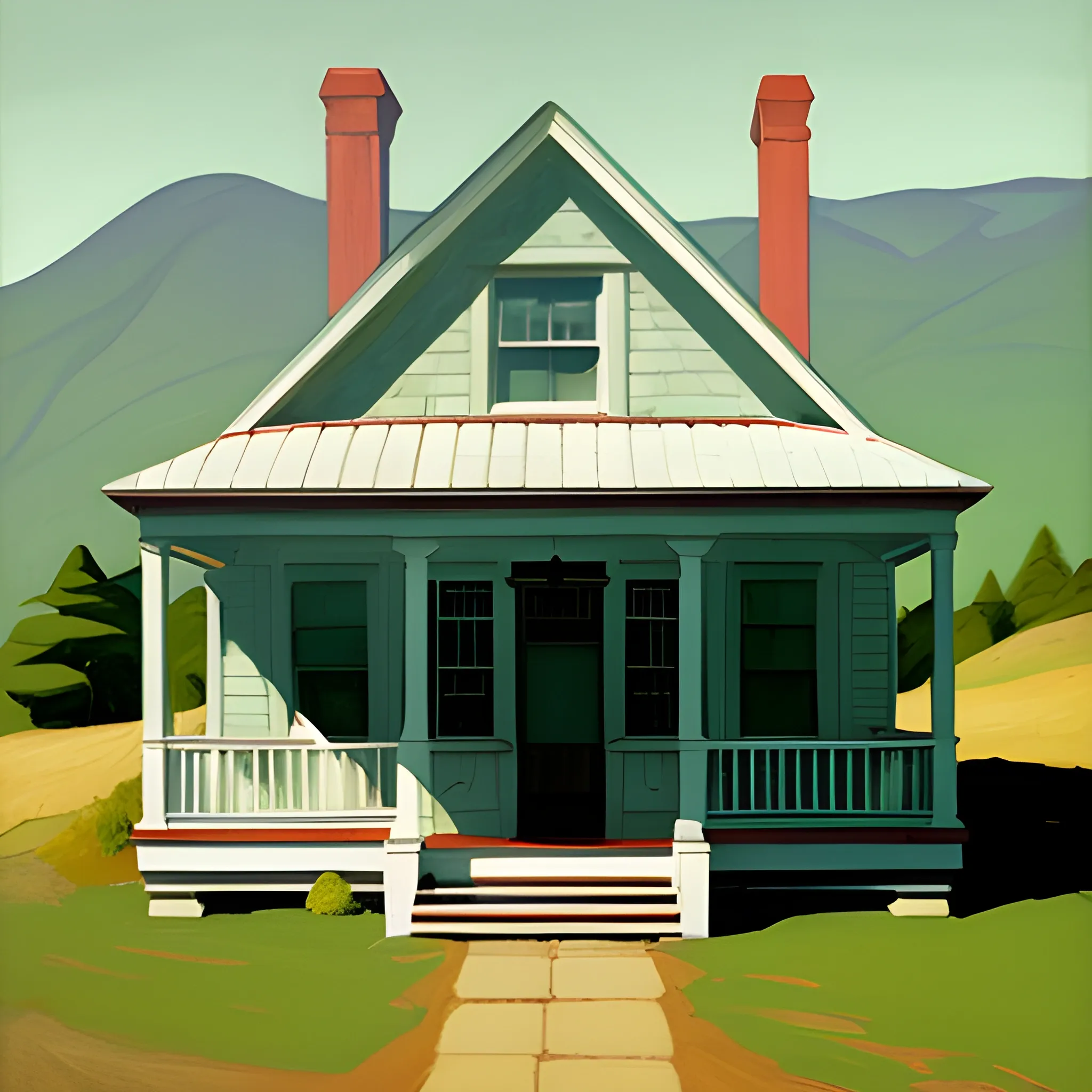 view of cottage porch in mountain range, cottage core, very coherent, painted by Edward Hopper, painted by James Gilleard, painted by gordon leverton
