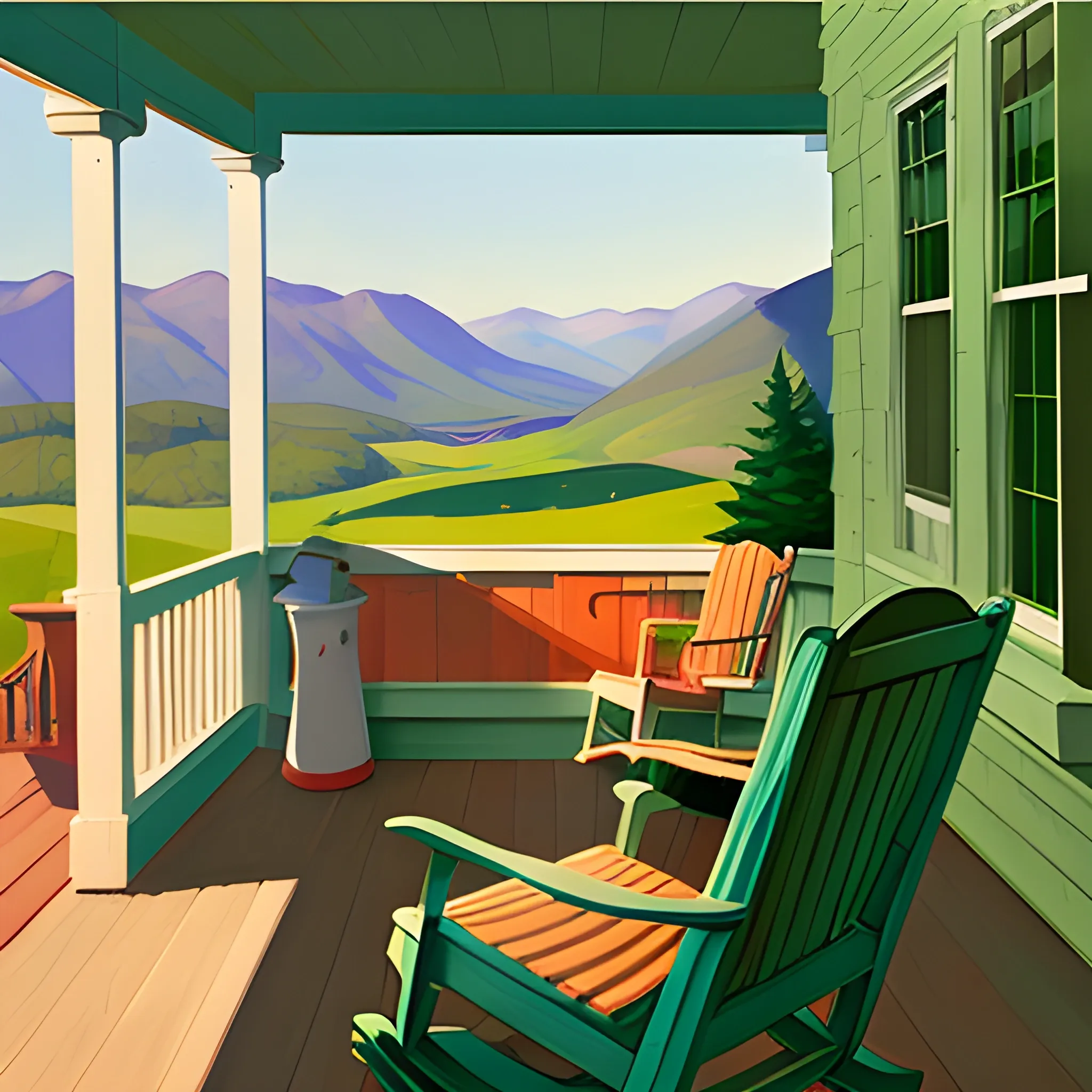 view of cottage porch in mountain range, cottage core, rocking chair, very coherent, painted by Edward Hopper, painted by James Gilleard
