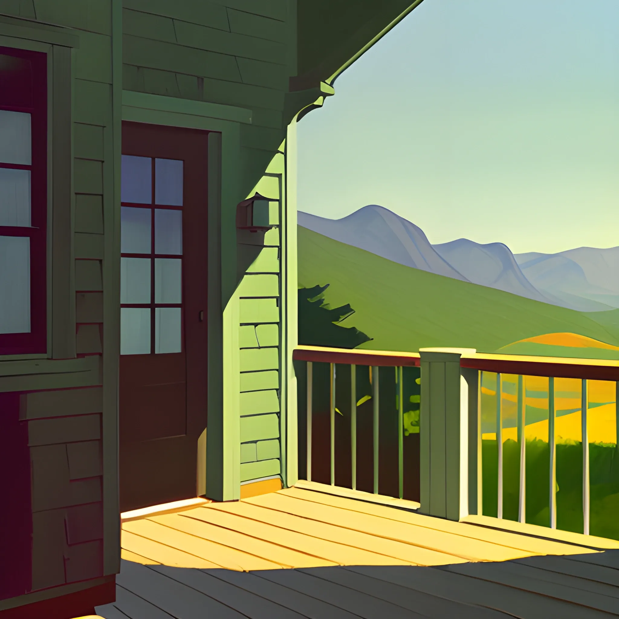 view of cottage porch in mountain range, cottage core, very coherent, painted by Edward Hopper, painted by James Gilleard
