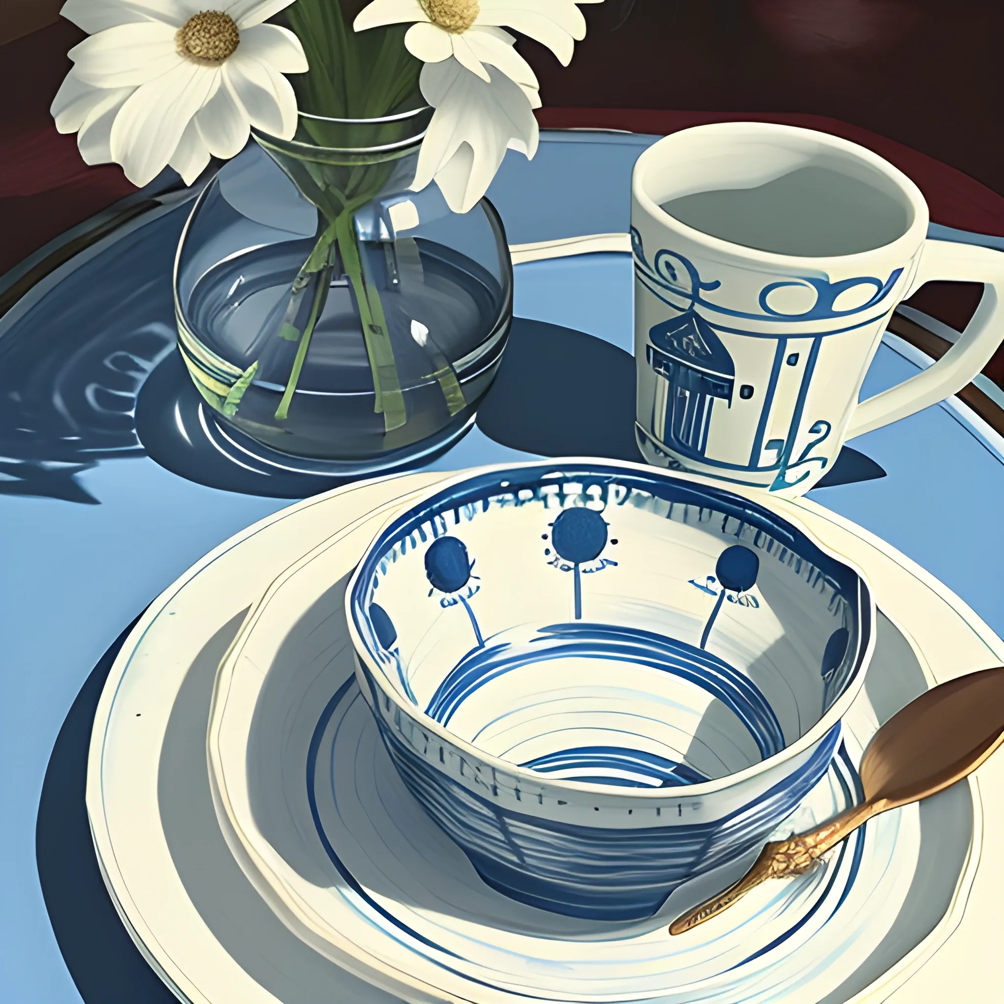 close up shot of items on a table, vase, cup, plates, nautical, still life, very coherent, painted by kristy mcintyre
