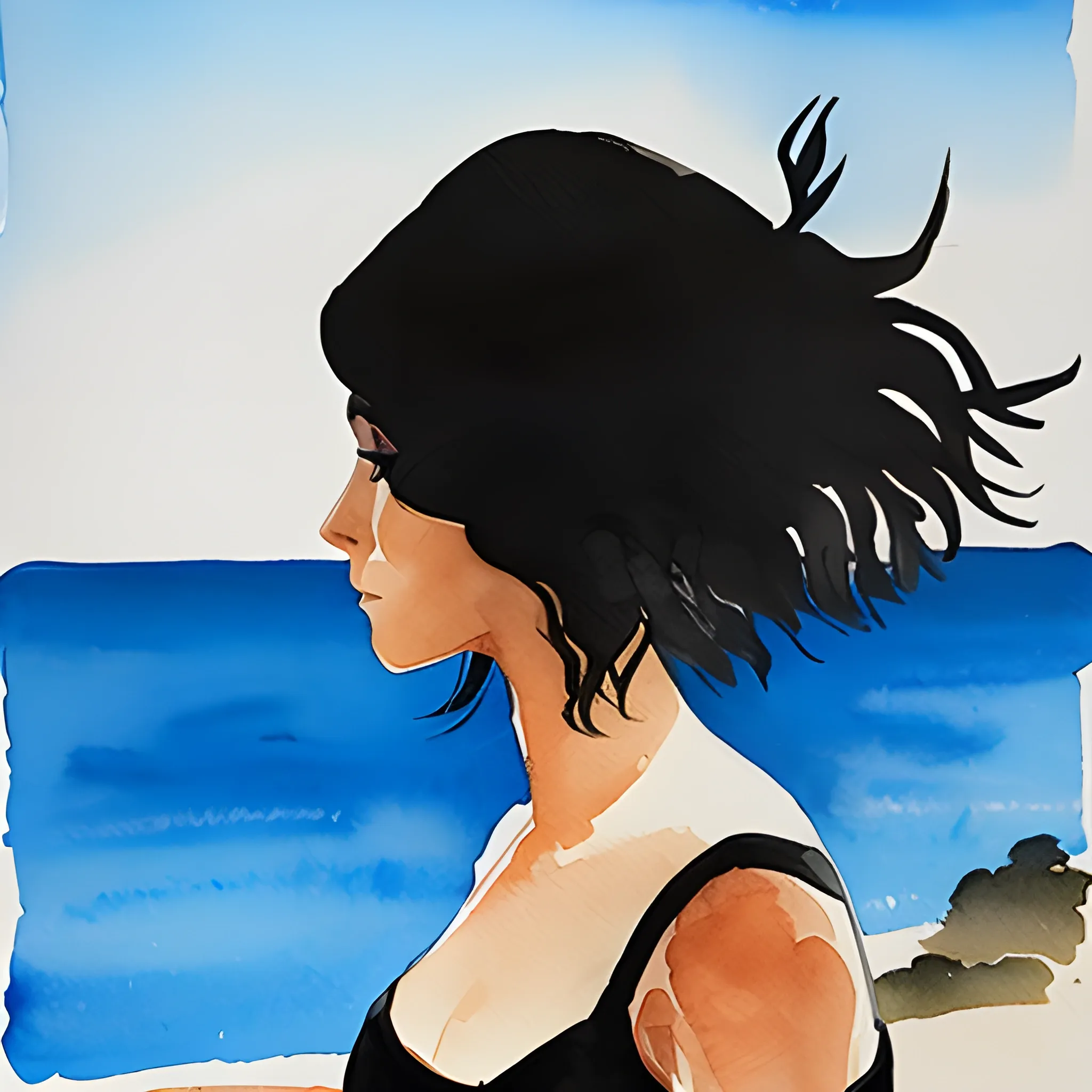 , Water Color mujer con pelo negro mirando el mar