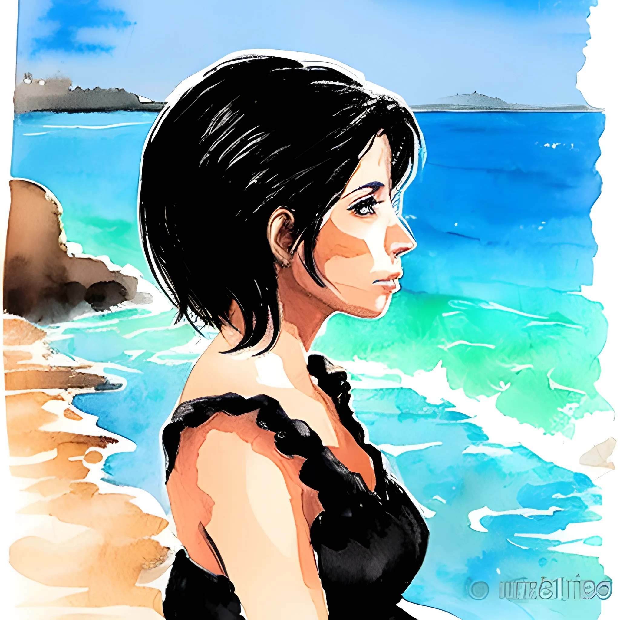 , Water Color mujer con pelo negro mirando el mar