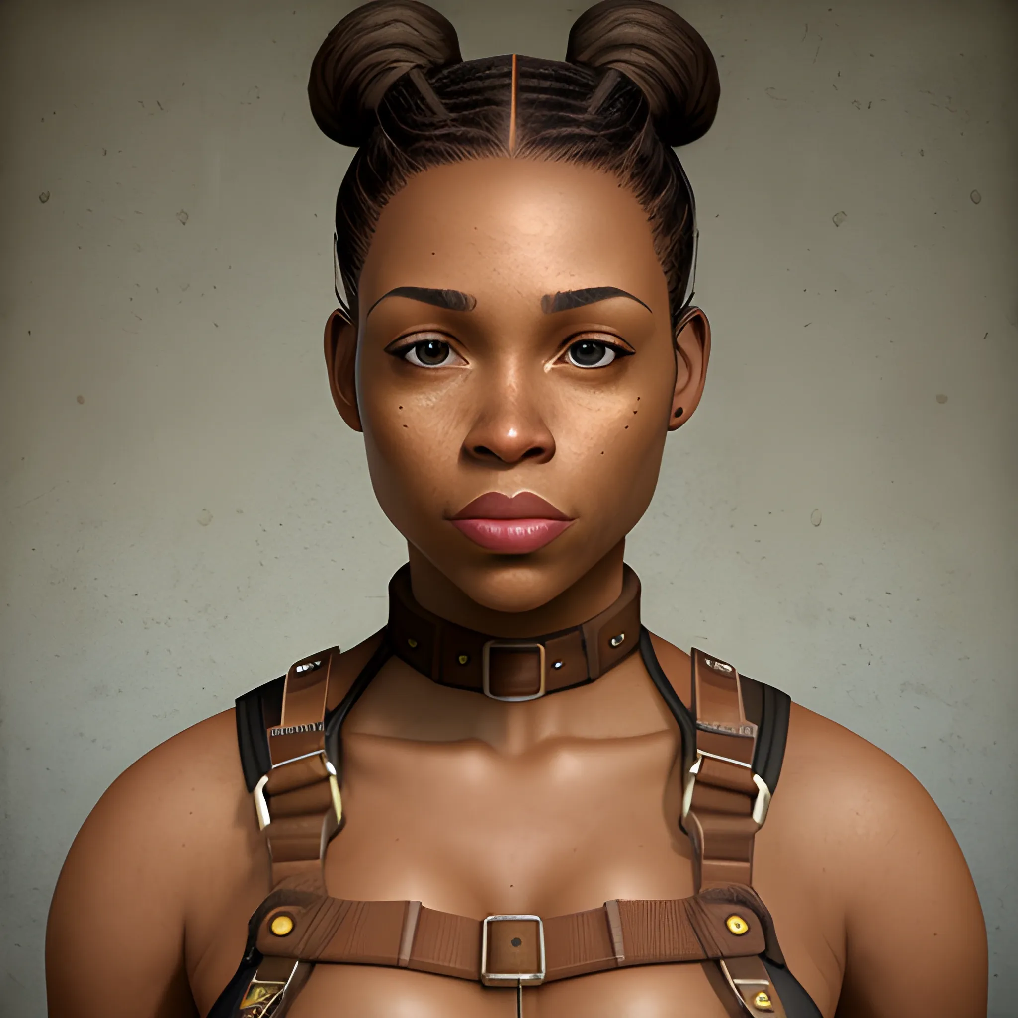 In the style of fallout 1, (masterpiece), (portrait photography), (portrait of an adult African-American female), no makeup, flat chested, harness outfit made out of straps, ponytail, brown hair, brown eyes