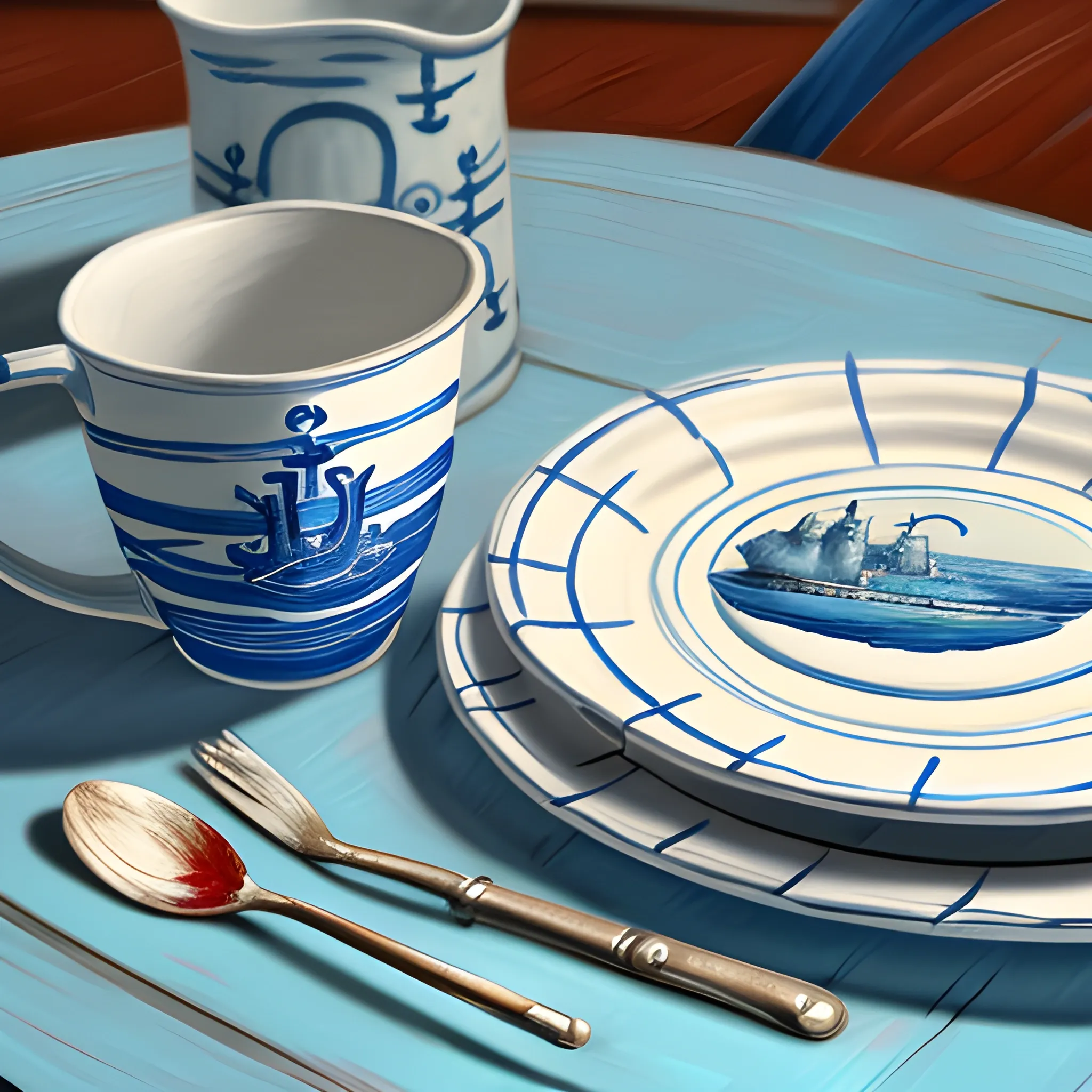 close up shot of items on a table, cup, plates, nautical, still life, very coherent, painted by kristy mcintyre, painted by bethany saab
