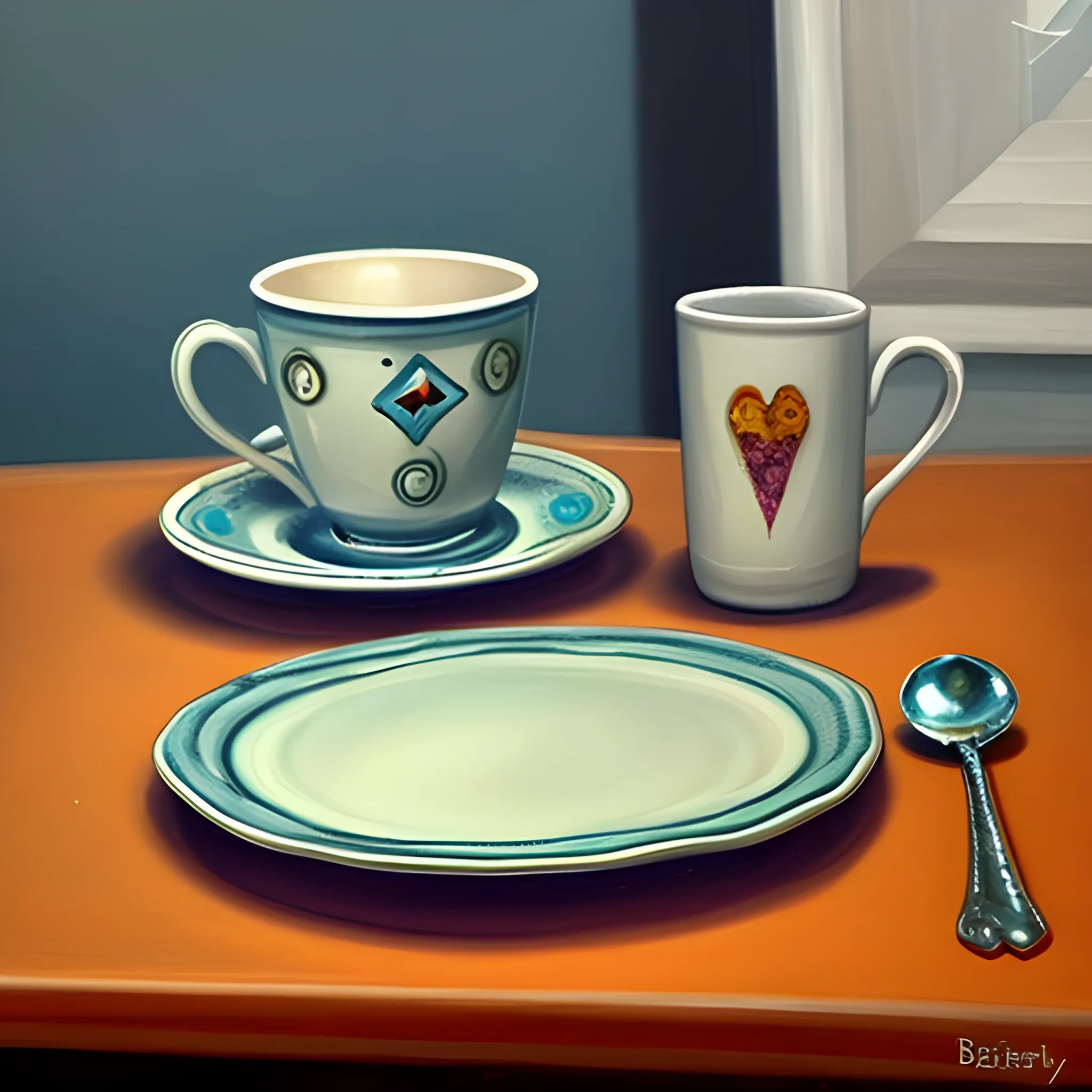 close up shot of items on a table, cup, plates, clean, still life, very coherent, painted by kristy mcintyre, painted by bethany saab
