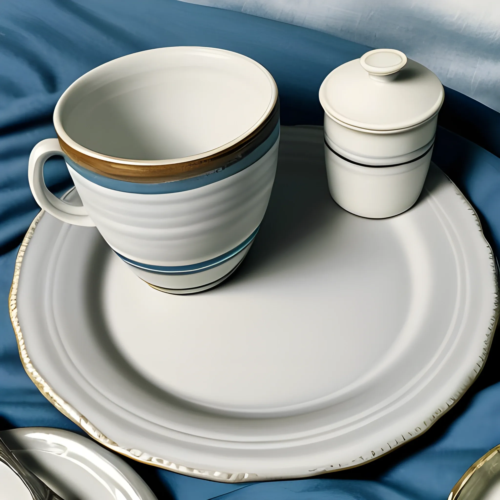close up shot of items on a clean bed, cup, plates, clean, still life, very coherent, painted by kristy mcintyre, painted by bethany saab
