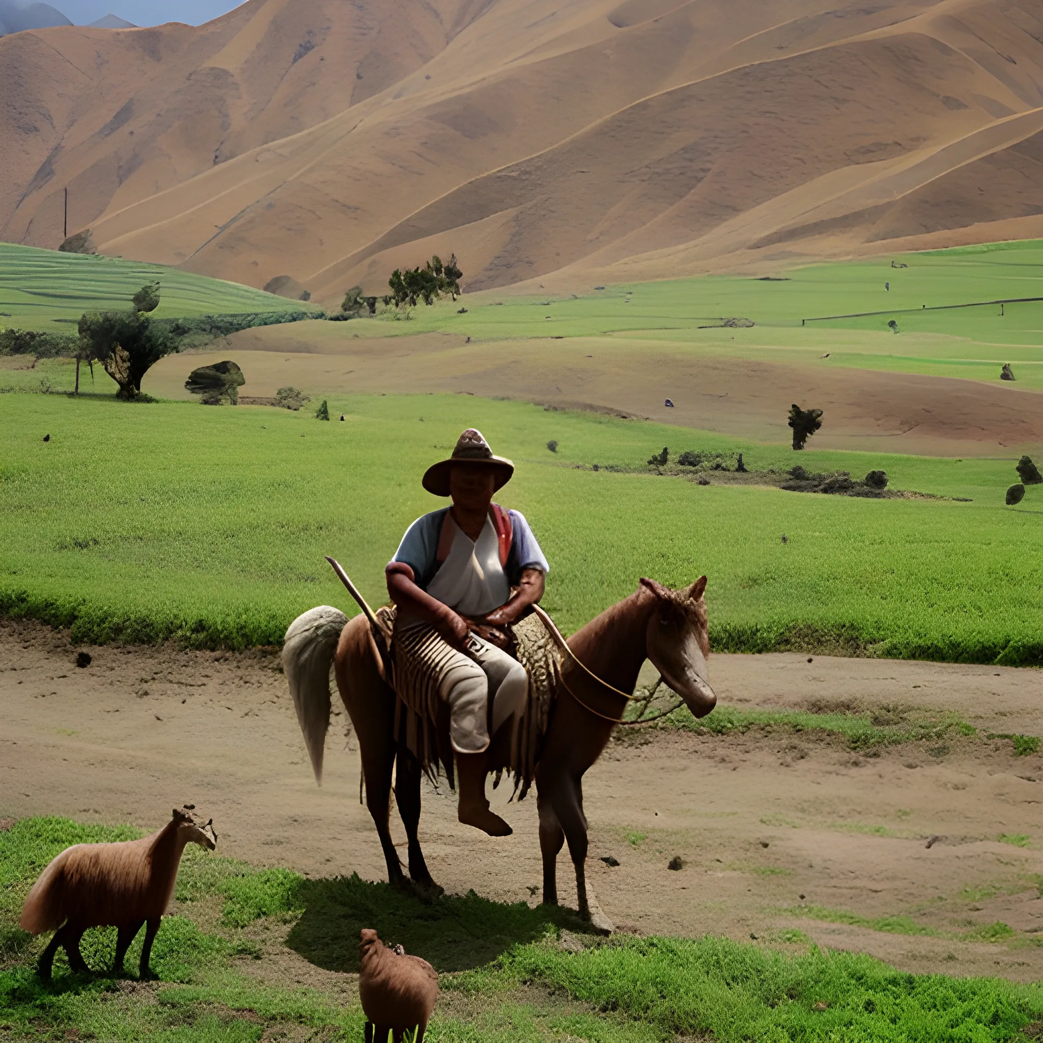 Un campesino del Perú andino cuidando sus campos y animales