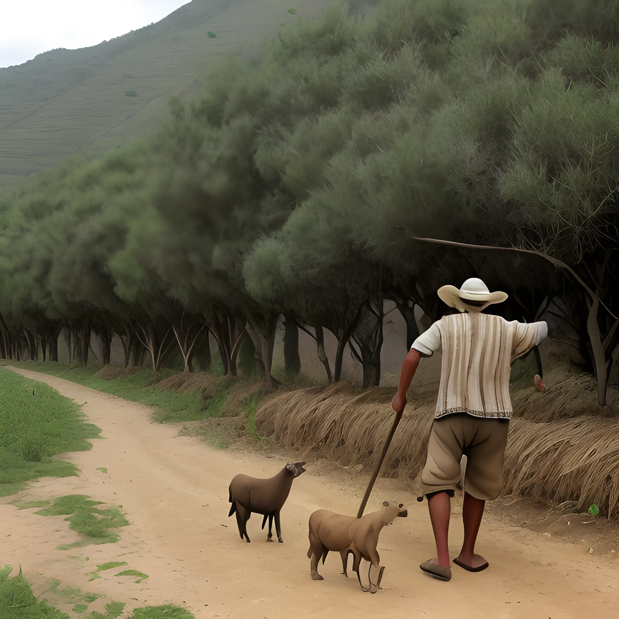 Un campesino cuidando sus campos y animales