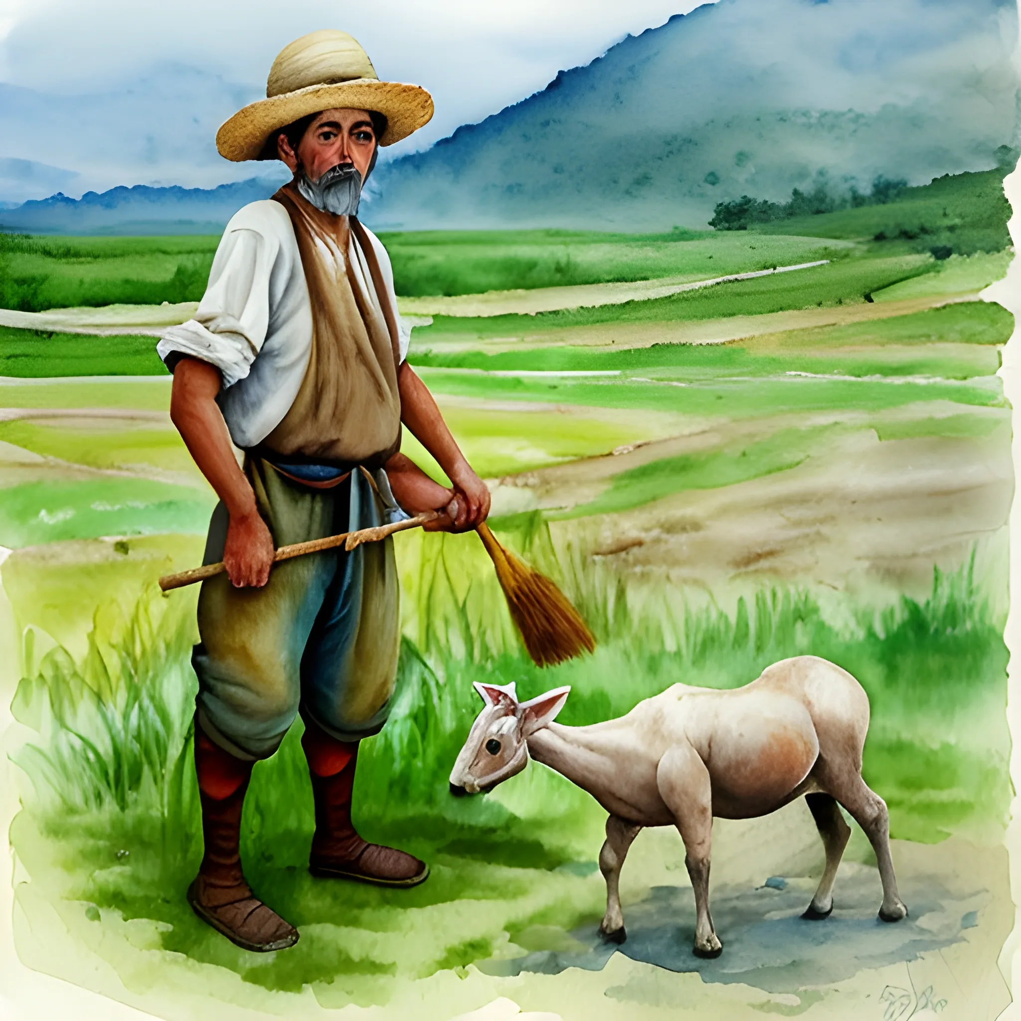 Un campesino cuidando sus campos y animales, Water Color, Oil Painting