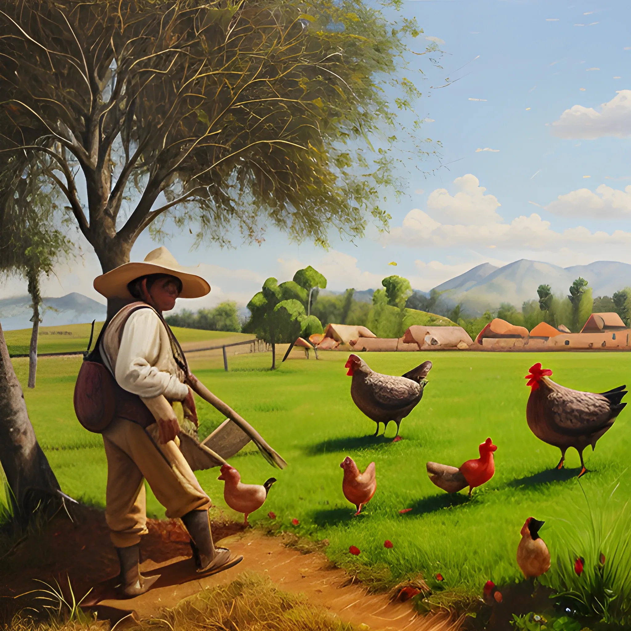 Un campesino cuidando sus campos de maíz y gallinas. Oil Painting