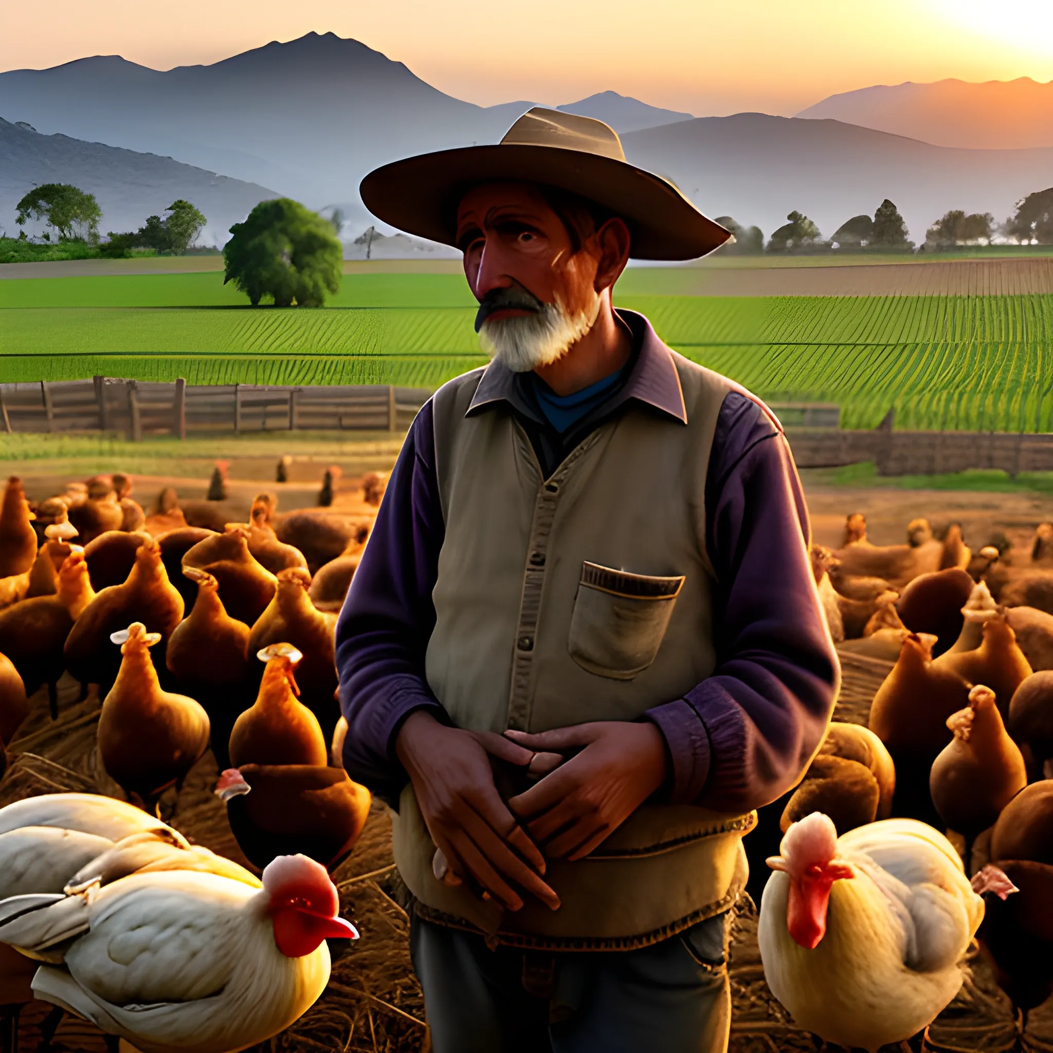 La cara de un campesino observando sus campos de maíz y gallinas al amanecer.