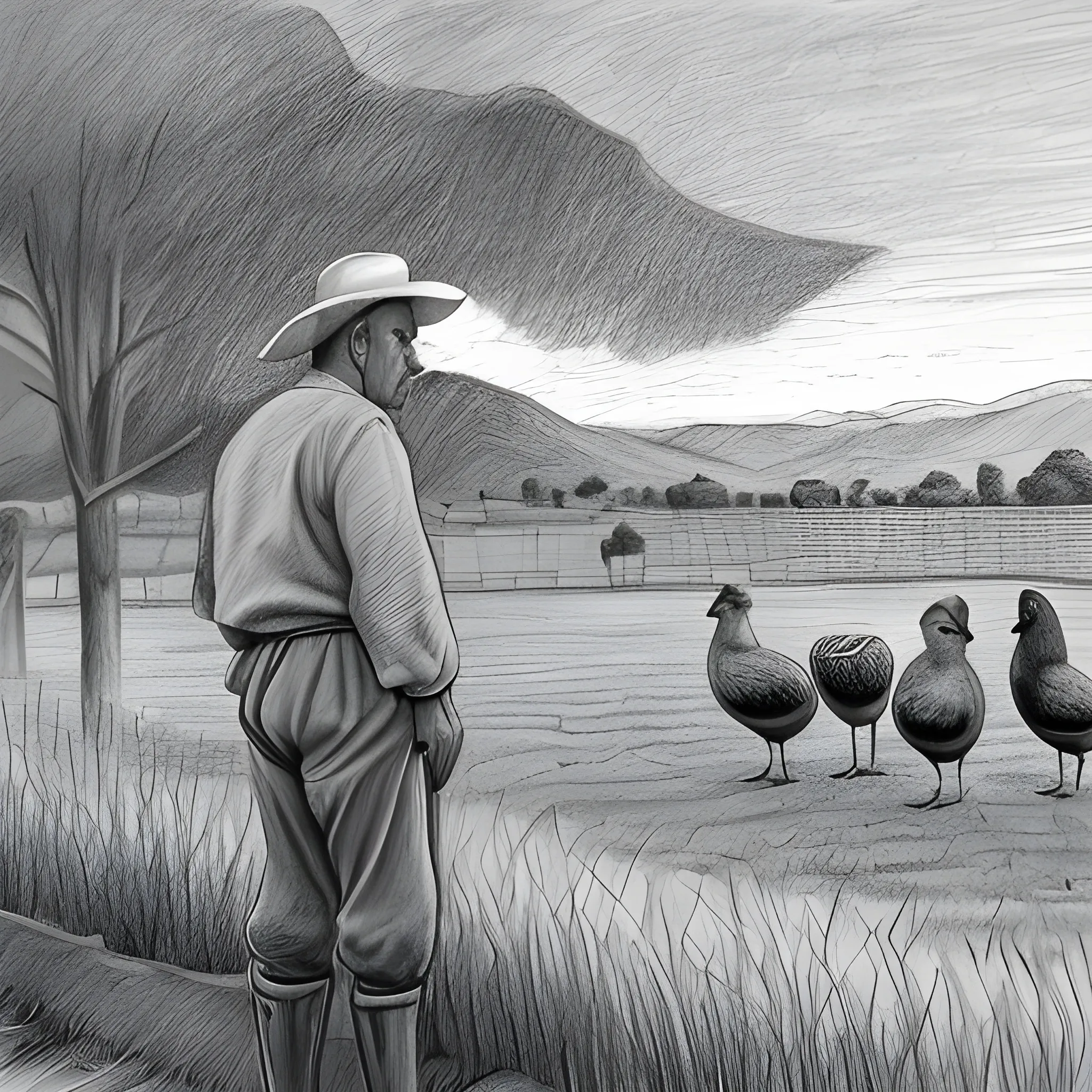 La cara de un campesino observando sus campos de maíz y gallinas al amanecer., Pencil Sketch