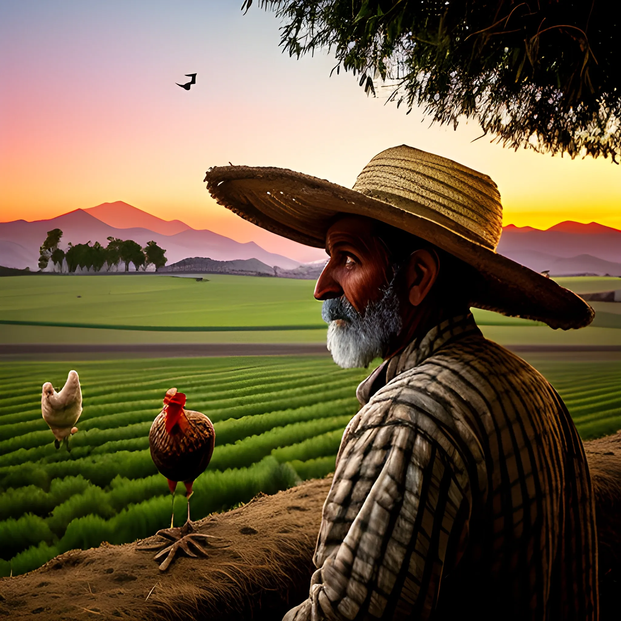 La cara de un campesino observando sus campos de maíz y gallinas al amanecer., Trippy