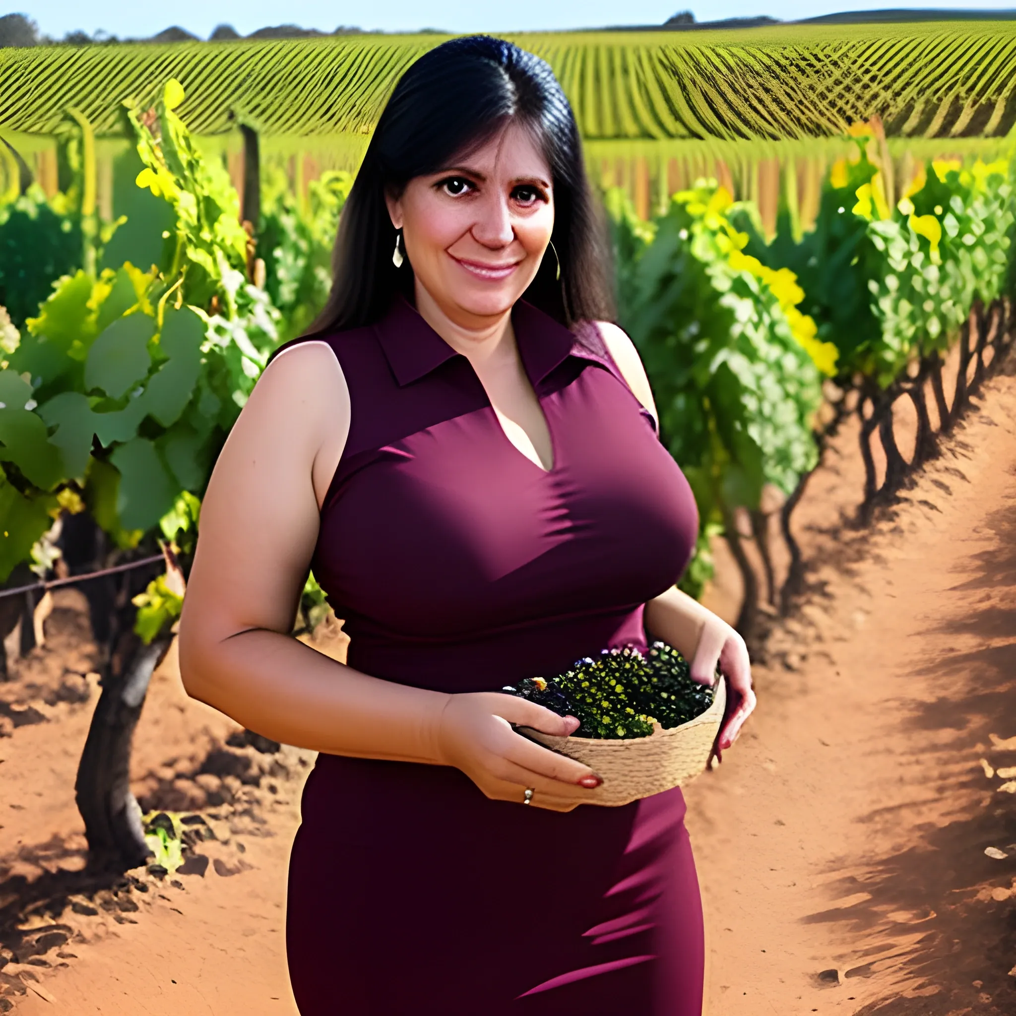 a paraguayan girl in a full body.
 Looking at camera, and in her hands, she must to have a wines grapes.
you must be realistic and creative.
