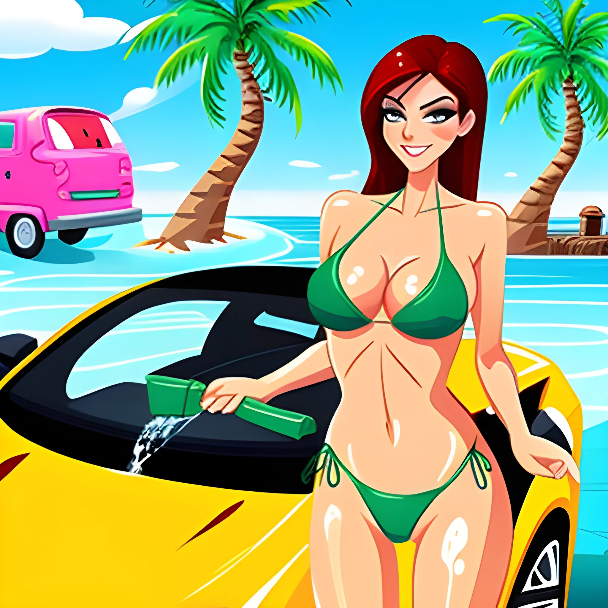 Bikini girls washing car, Cartoon