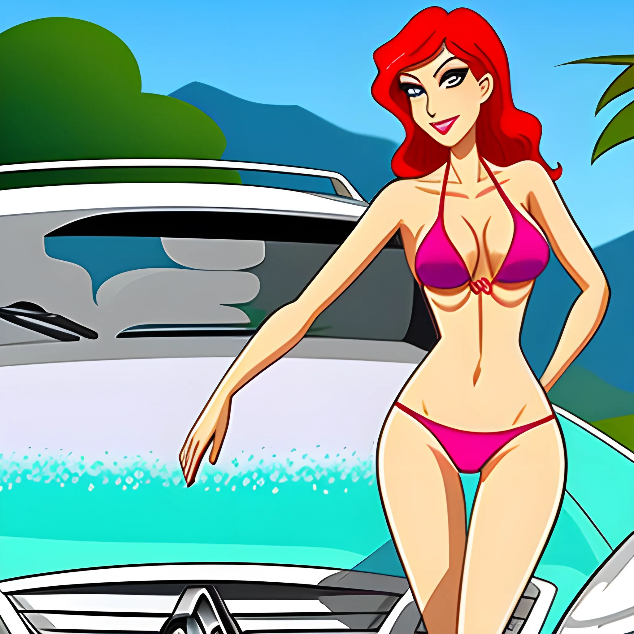 Bikini girls washing car, Cartoon