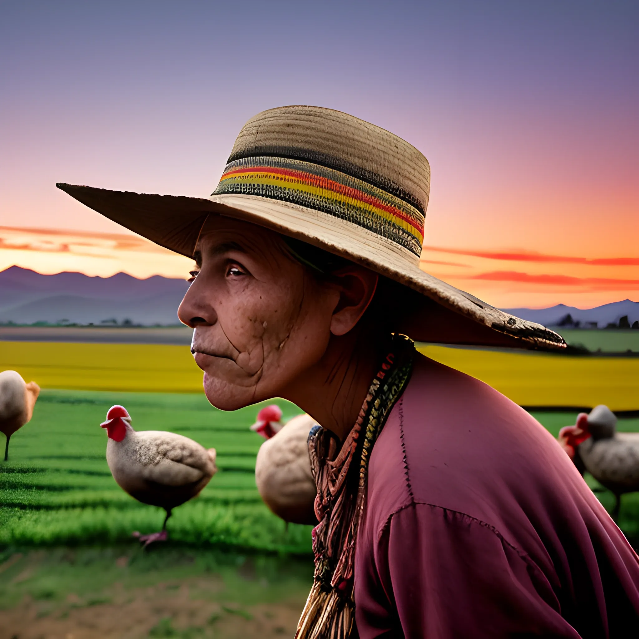 La cara de una campesina con sombrero observando sus campos de maíz y gallinas al amanecer., Trippy