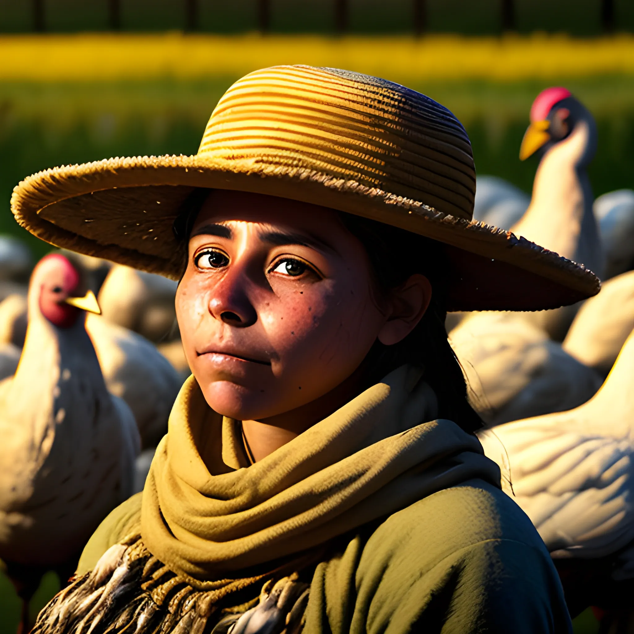 La cara de una campesina joven con sombrero observando sus campos de maíz y gallinas al amanecer., Trippy