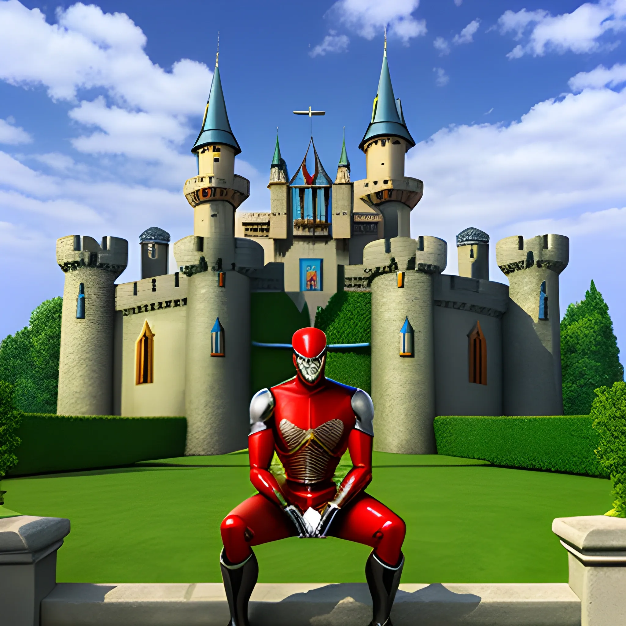 3D, man is sitting in front of castle and thinking about money.
weather is cloudy.people are talking in 3 group.wall colour are green red blue.soldier's are on the gate.