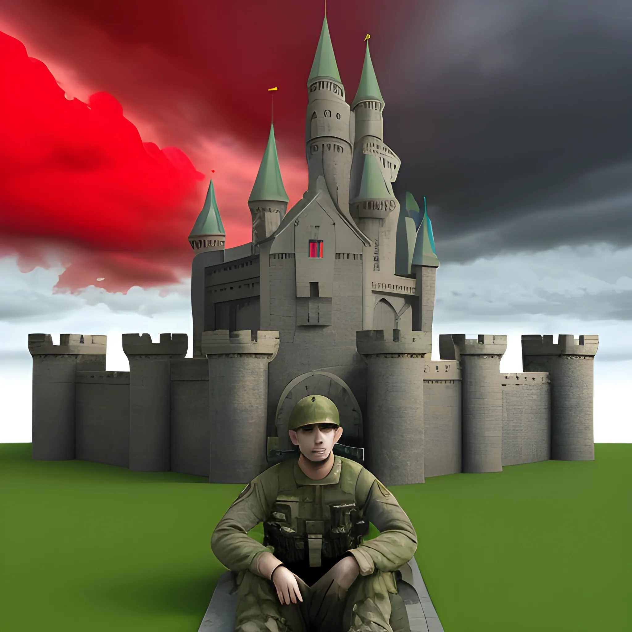 3D, poor man is sitting . castle is big and beautiful tower is there.weather is cloudy.people are talking in 3 group.wall colour are green red blue.soldier's are on the gate.