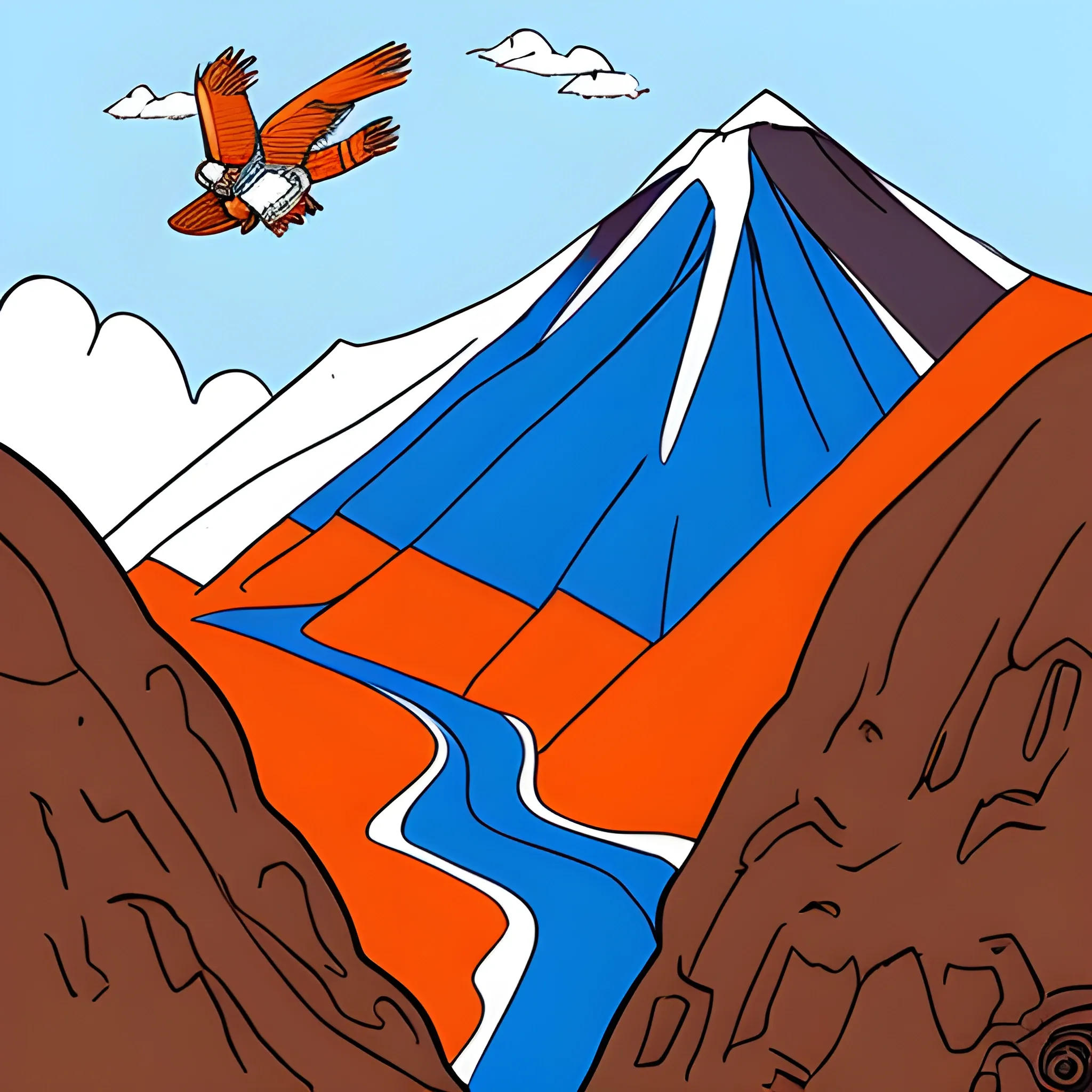 crea unas montañas del los andes  y un condor junto con una brujula 
que destaquen el color azul y naranja , Cartoon