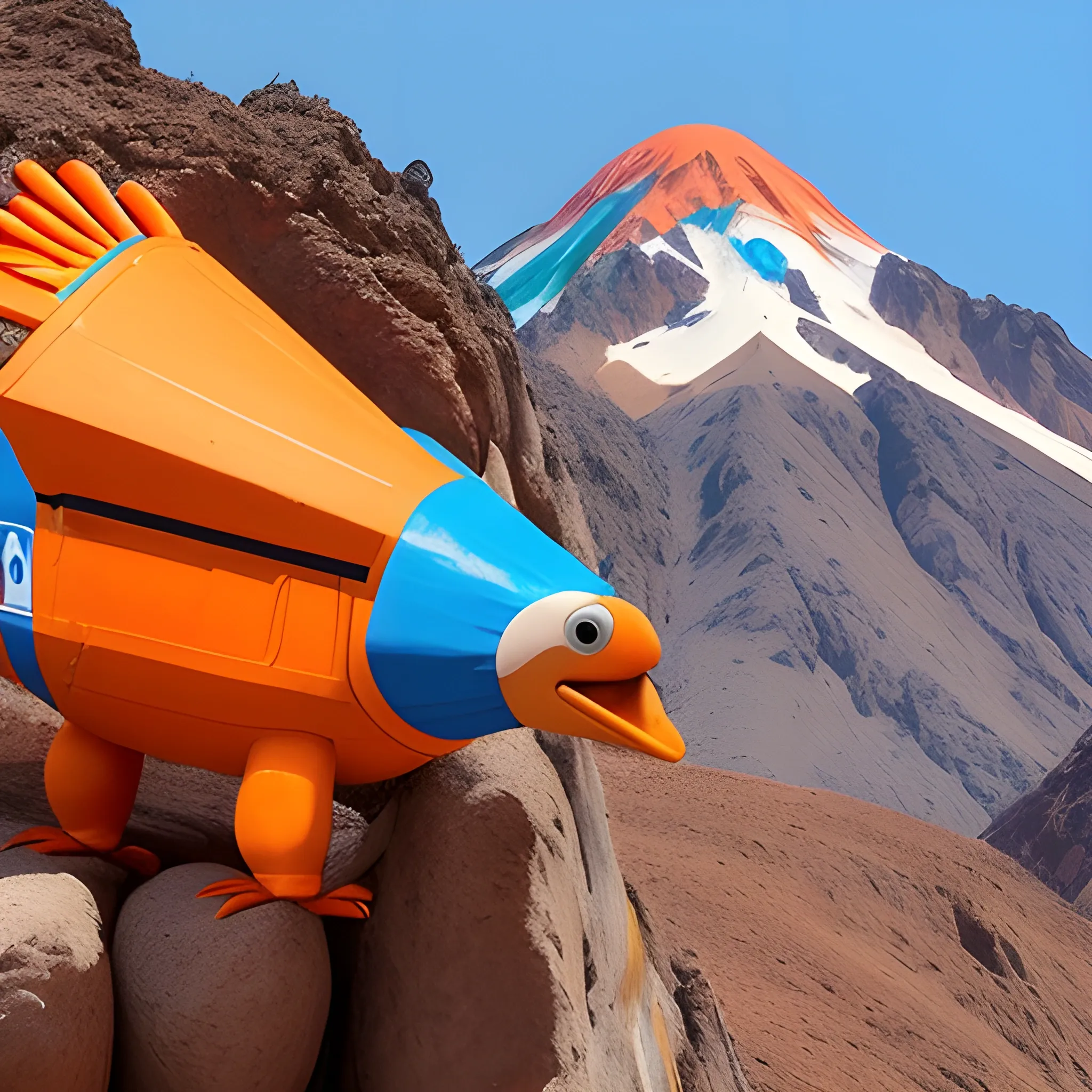 crea unas montañas del los andes  y un condor junto con una brujula 
que destaquen el color azul y naranja , Cartoon