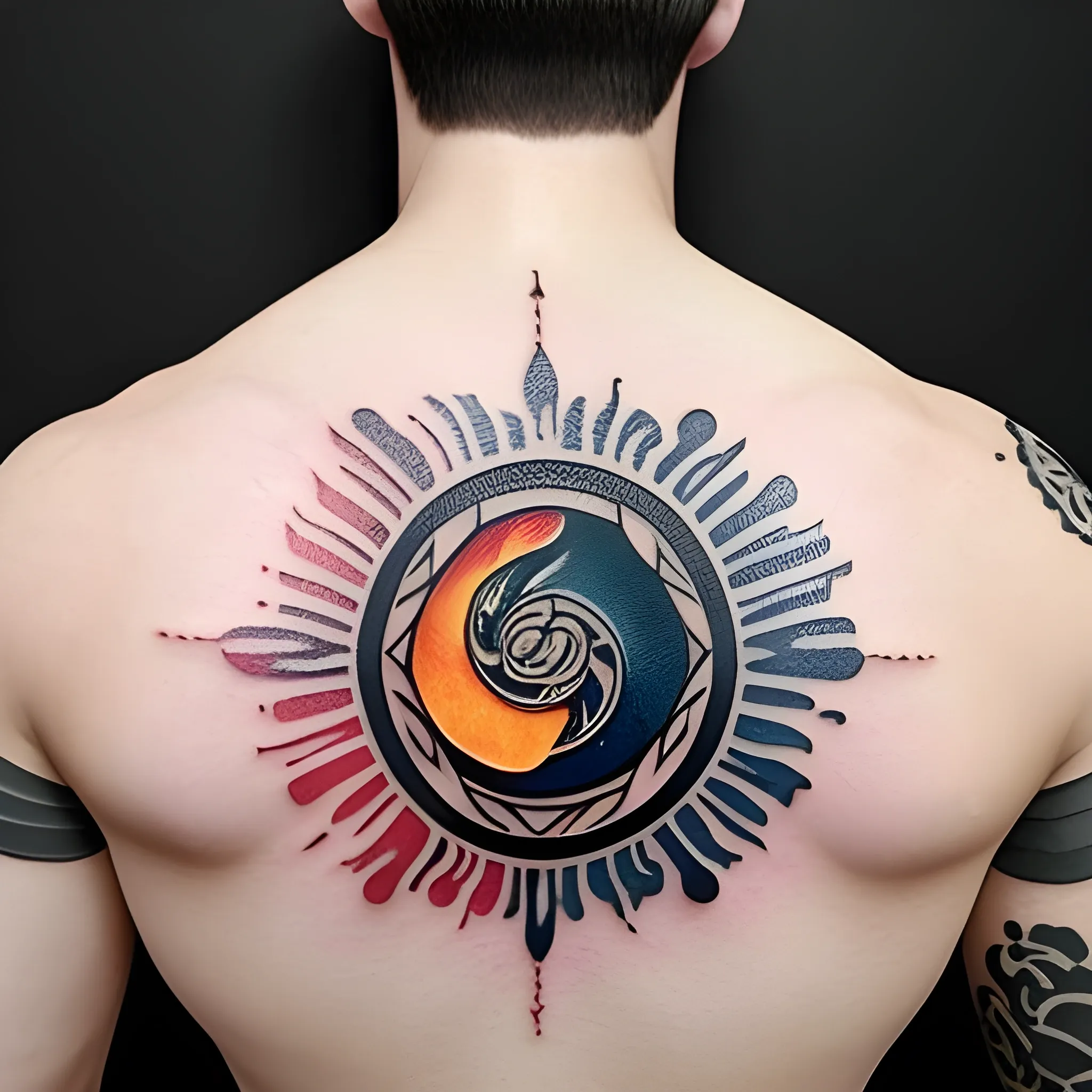 midium tattoo on a back for men of water and fire like yin y yang