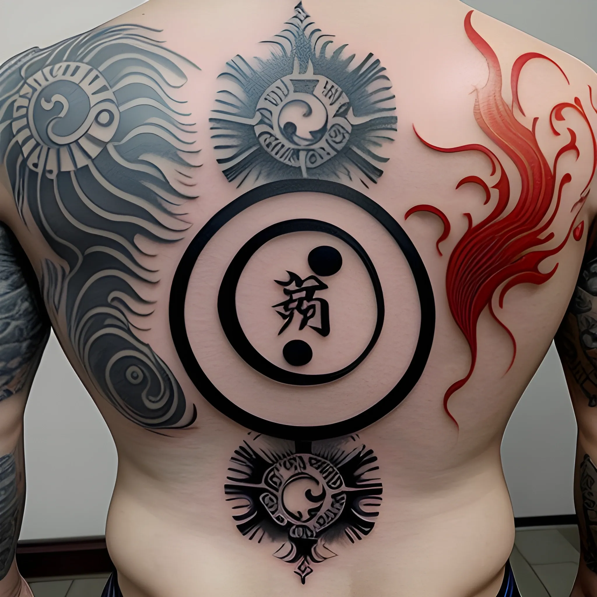 Medium tattoo on a man's back of fire and water intertwining like yin and yang, in a Chinese style, but only fire and water are present